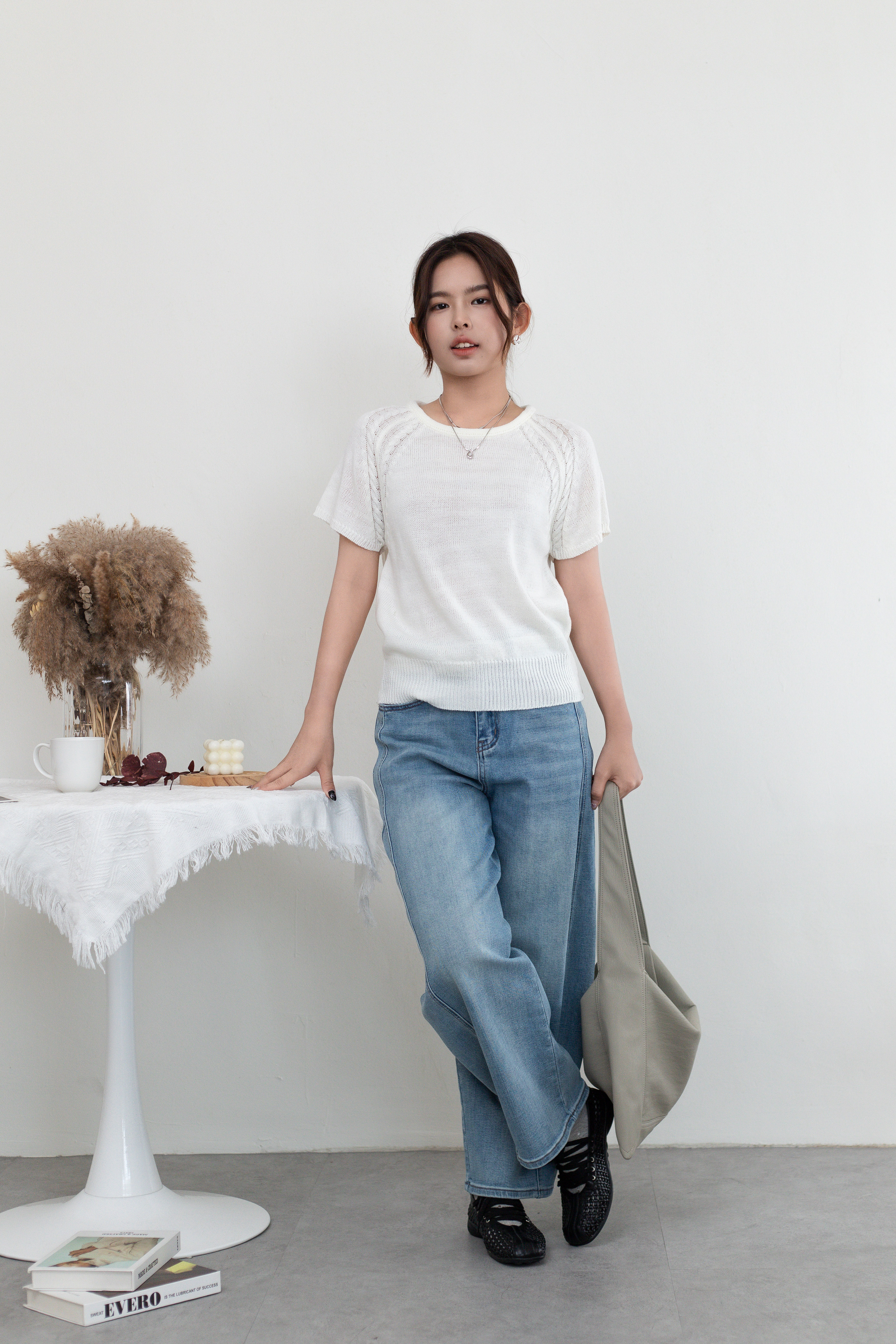 Kyrall Cable Knit Top White-2666KSWHI