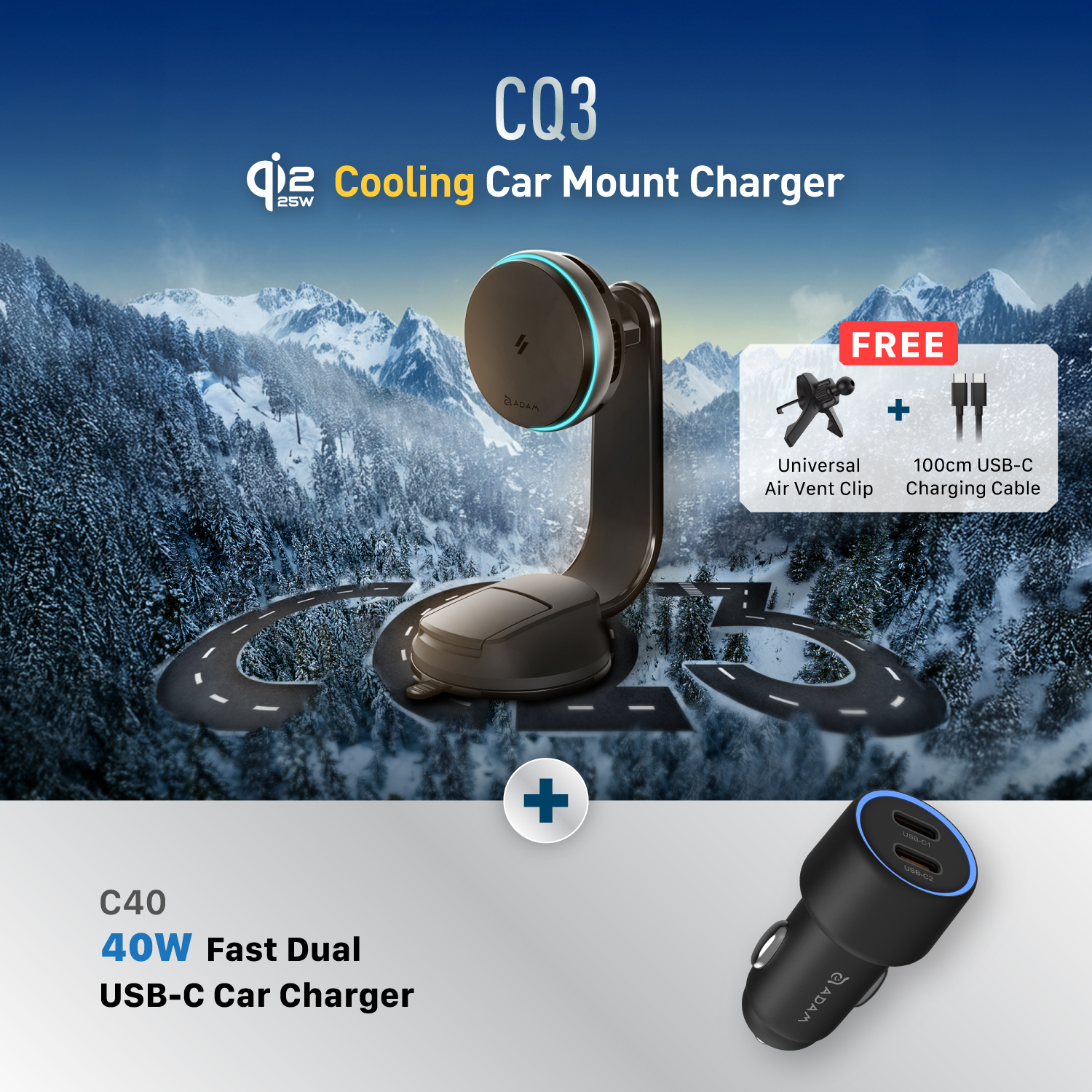 CQ3 Qi2.2 25W Cooling Car Mount Charger + C40 40W Fast Dual USB-C Car Charger