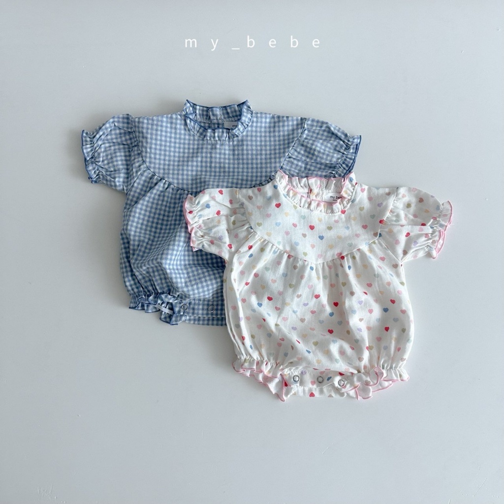 正韓夏MY BEBE 兩色藍格/彩色愛心包屁衣