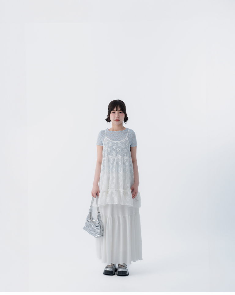 Hollowed-out jacquard ruffle hem spaghetti strap vest - white【01099539】in stock+pre-order