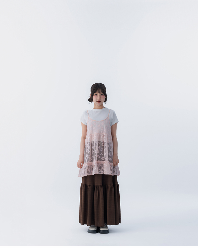 Hollowed-out jacquard ruffle hem spaghetti strap vest - pink【01099541】in stock+pre-order