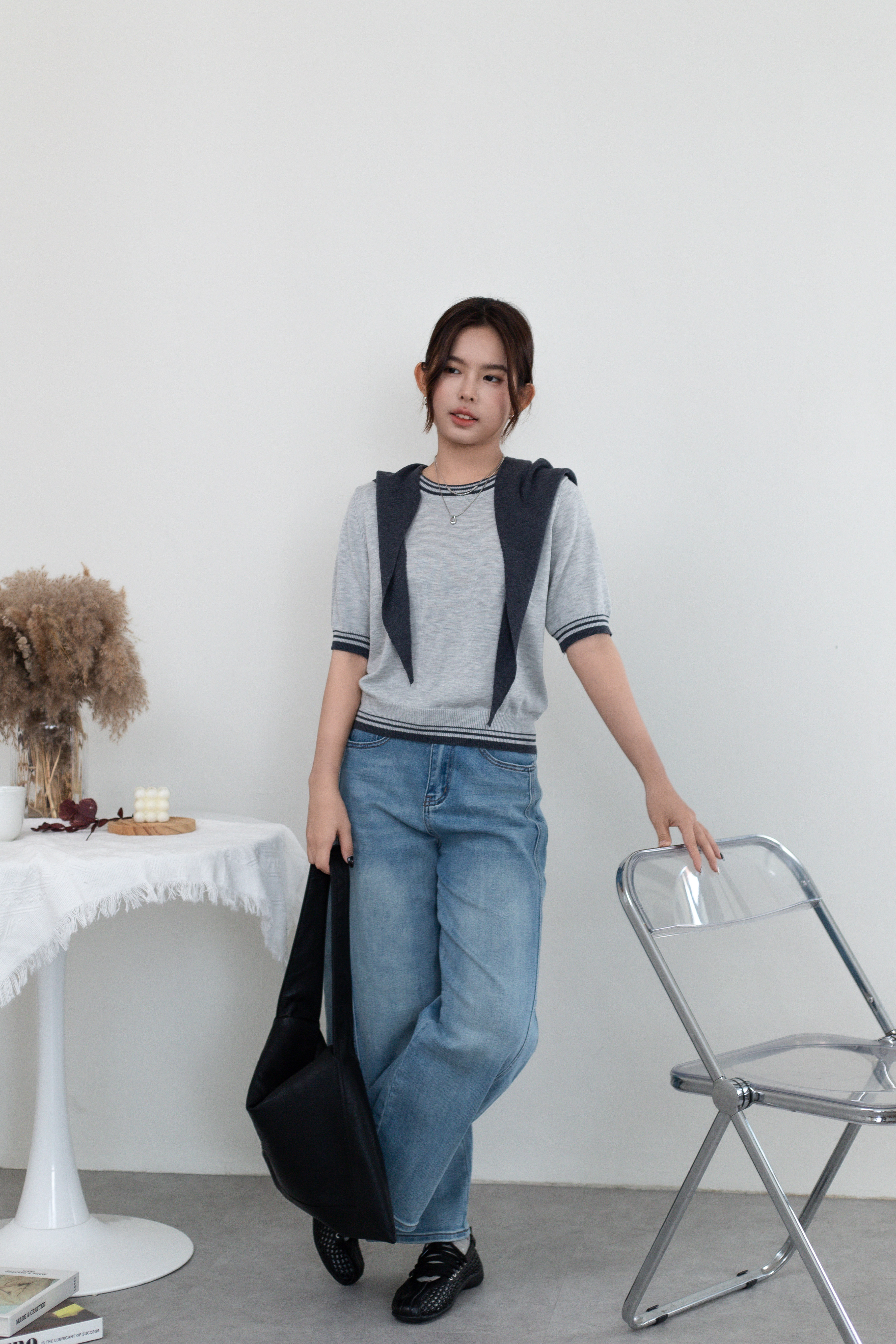 Aubrey Contrast Knit Top Grey- 2665KSGRY