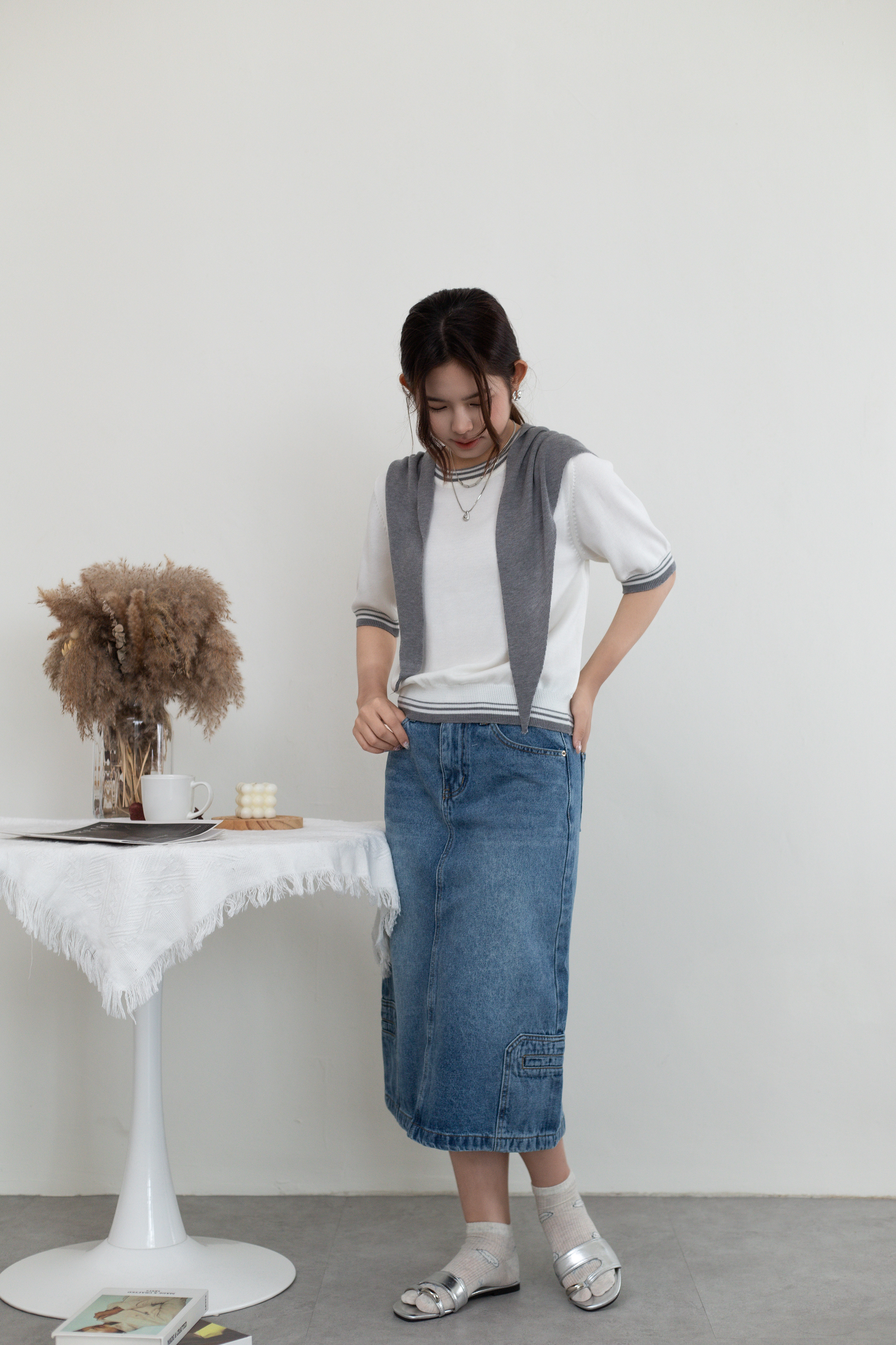 Aubrey Contrast Knit Top White- 2665KSWHI