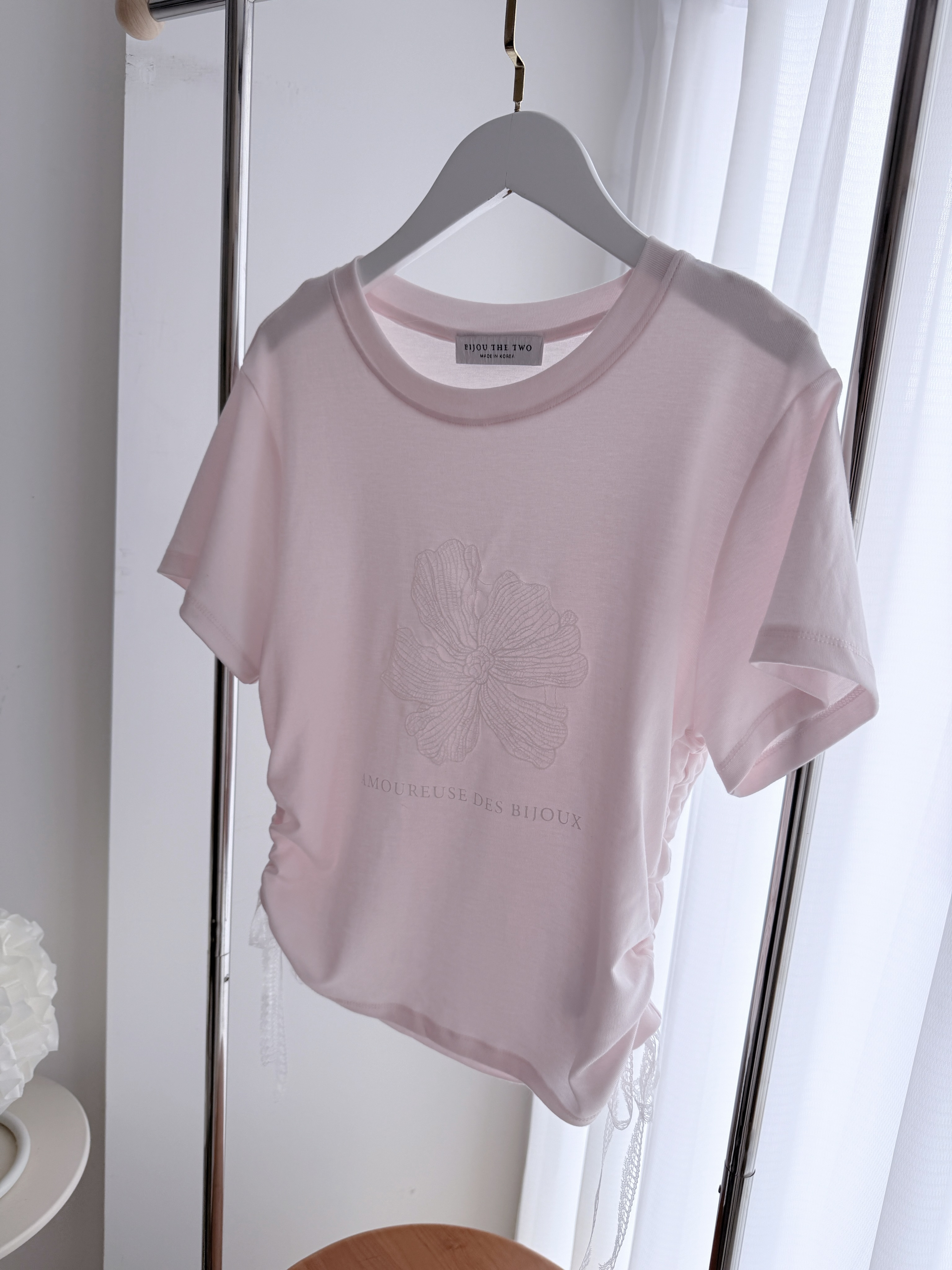 *BJ2 MADE SERIES* THE BABY COTTON EMBROIDERY FLORAL SCRUNCHIE LACE PINKY TOP／TEE  260330