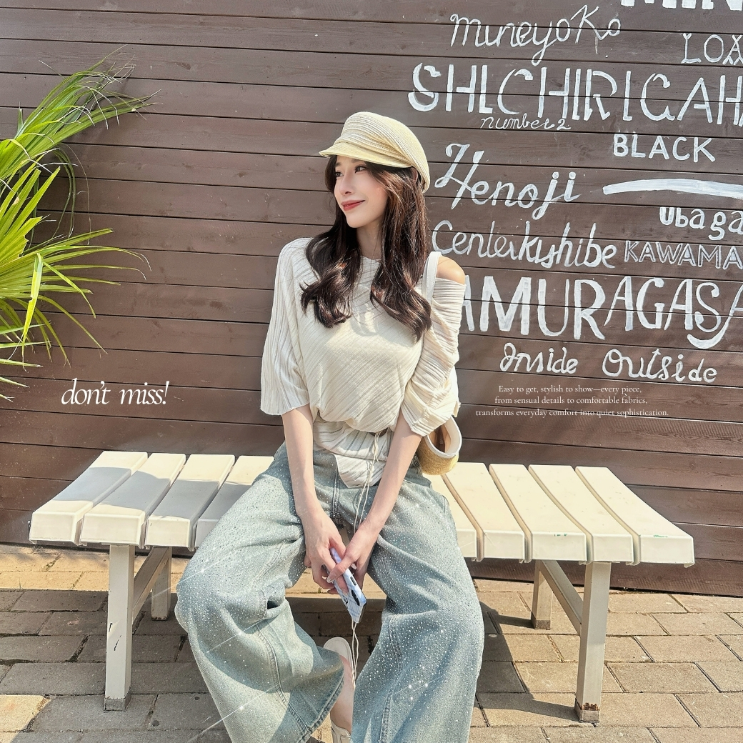 【柔光小心機】DOMISS單肩針織不規則上衣-附腰帶 短袖針織上衣(現+預)