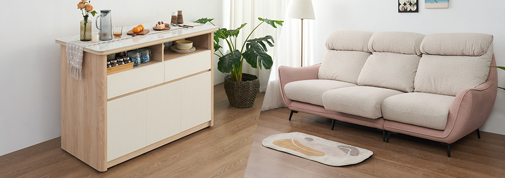 北歐風格的中島櫃和一組撞色系貓抓布沙發