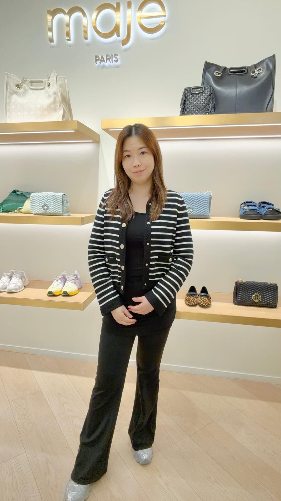 Maje 黑白橫間鈕扣針織長袖外套 #MFPCA00521