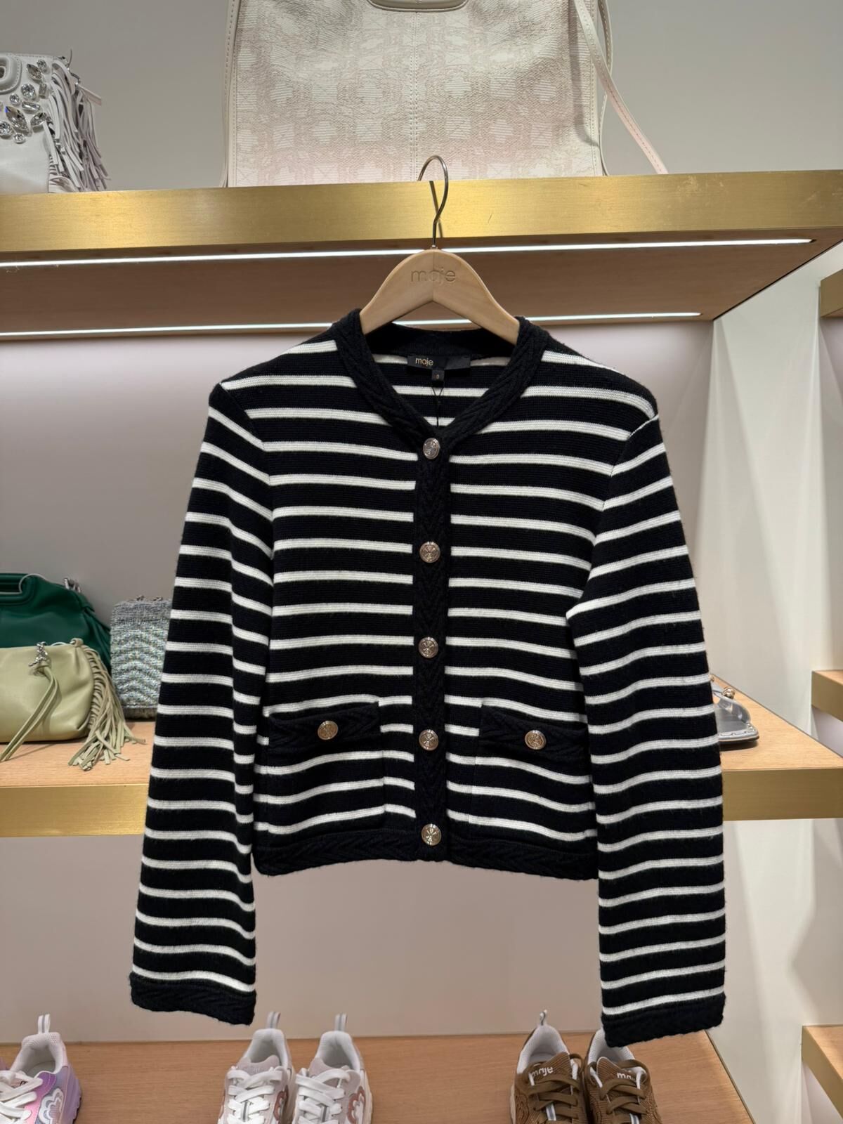 Maje 黑白橫間鈕扣針織長袖外套 #MFPCA00521