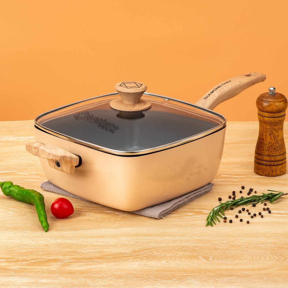 黑金石墨烯不沾方型深炒鍋24cm-奶茶色(附鍋蓋/鍋鏟/炸物籃/IH爐可用)