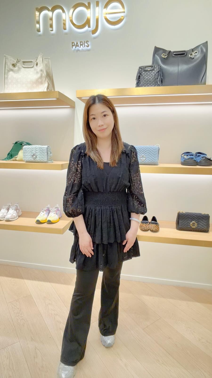 Maje 黑色暗花花紋紗質長袖連身短裙 #MFPCO00341