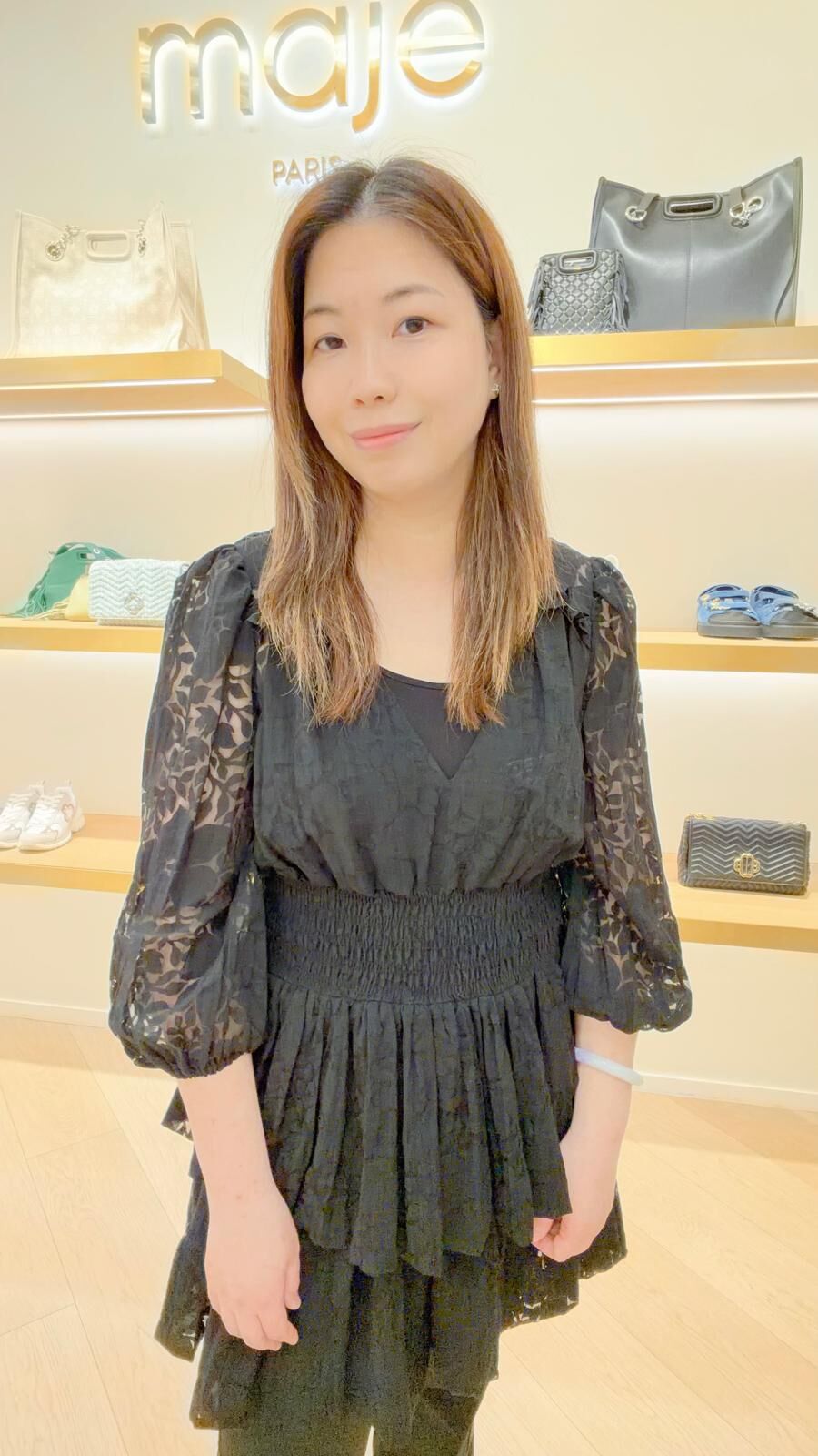 Maje 黑色暗花花紋紗質長袖連身短裙 #MFPCO00341