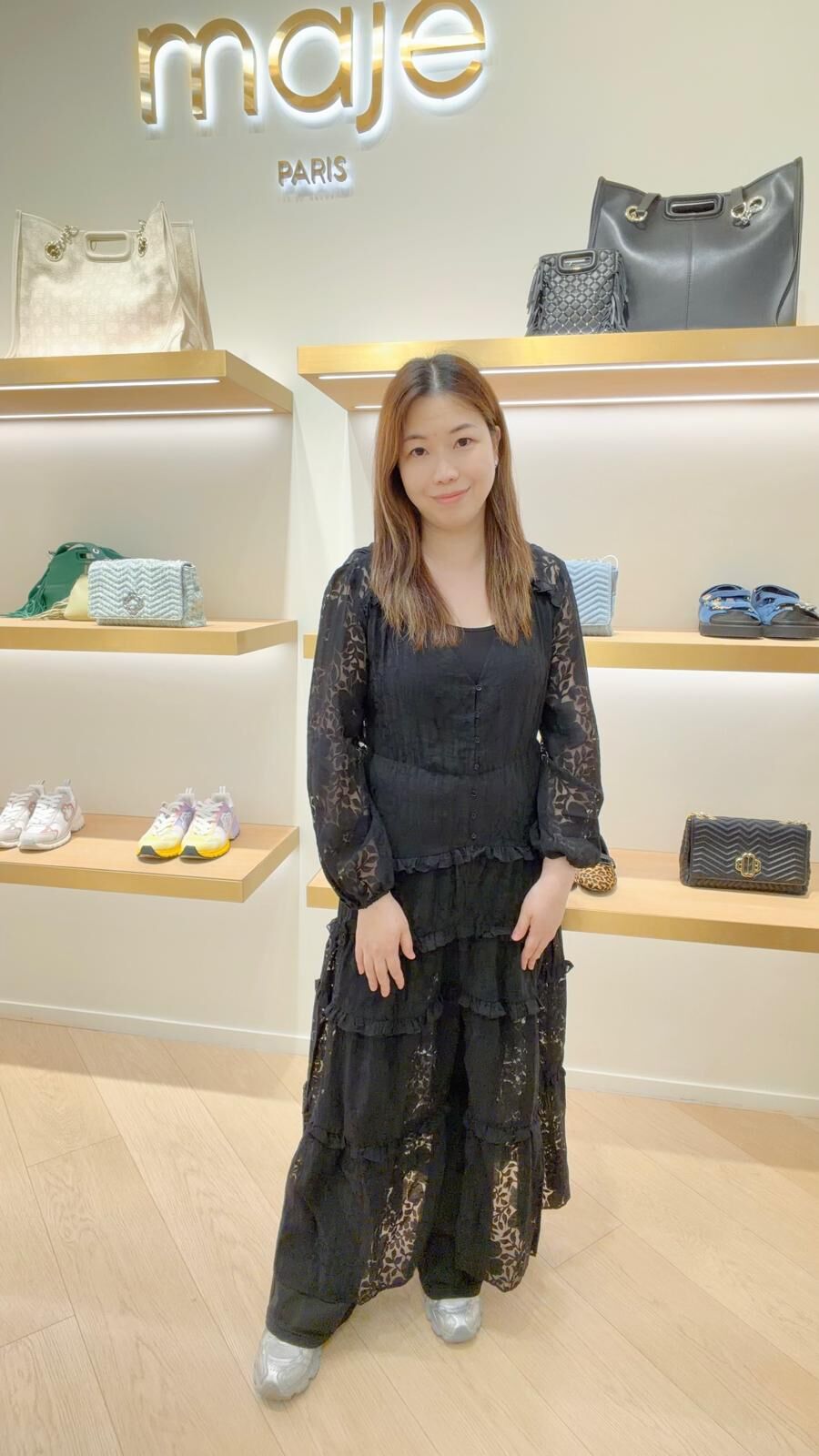 Maje 黑色暗花花紋紗質長袖連身長裙 #MFPRO03879