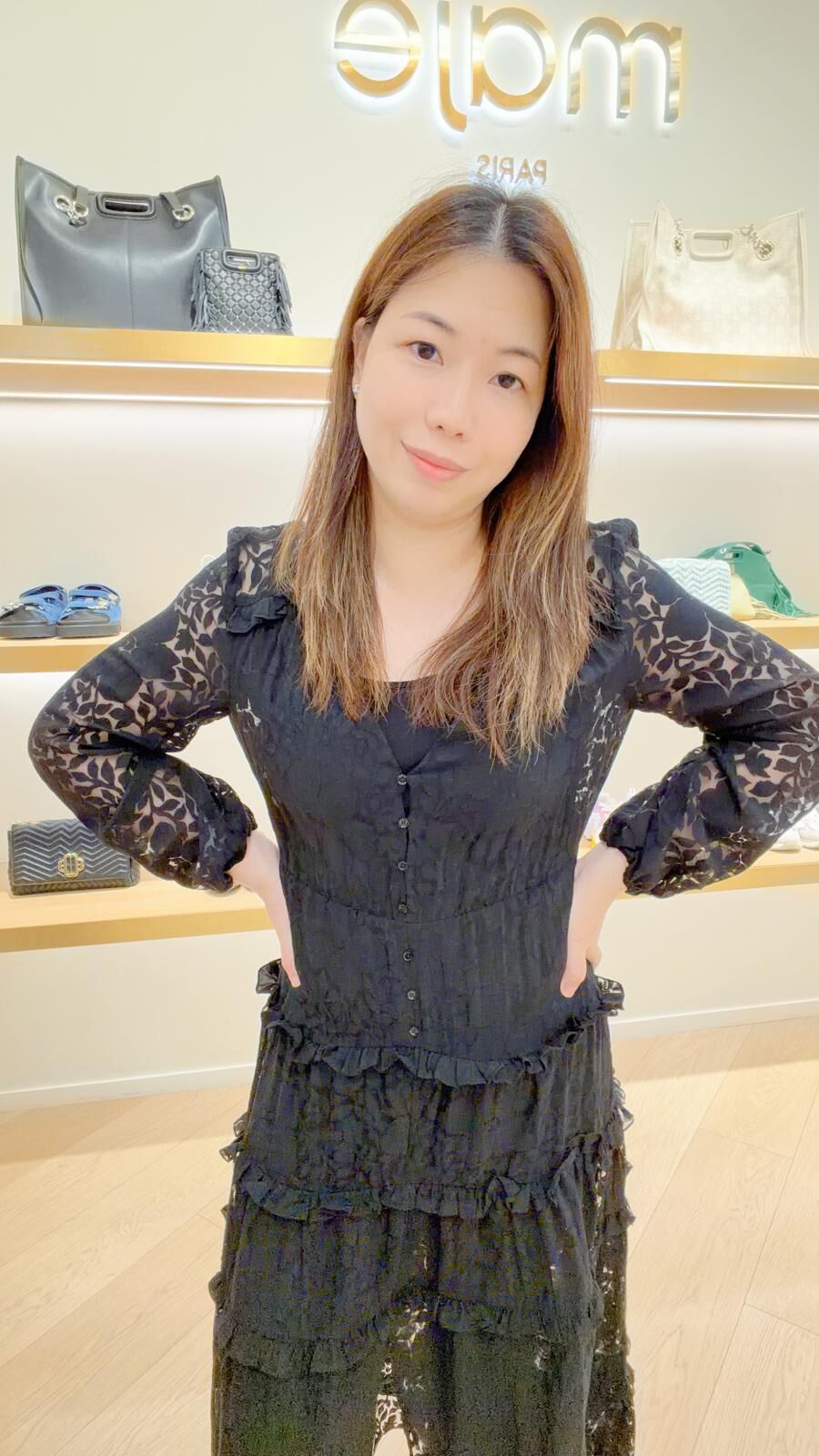 Maje 黑色暗花花紋紗質長袖連身長裙 #MFPRO03879