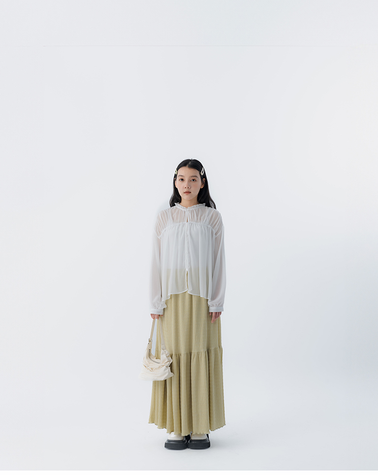 Stand-up collar, ruffled button-down, sheer long-sleeved top, available in two colors.【01099559】in stock+pre-order