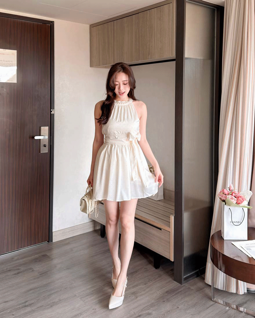 LINA LINA華美光采鑽石珍珠滾邊蝴蝶結洋裝-唯美杏