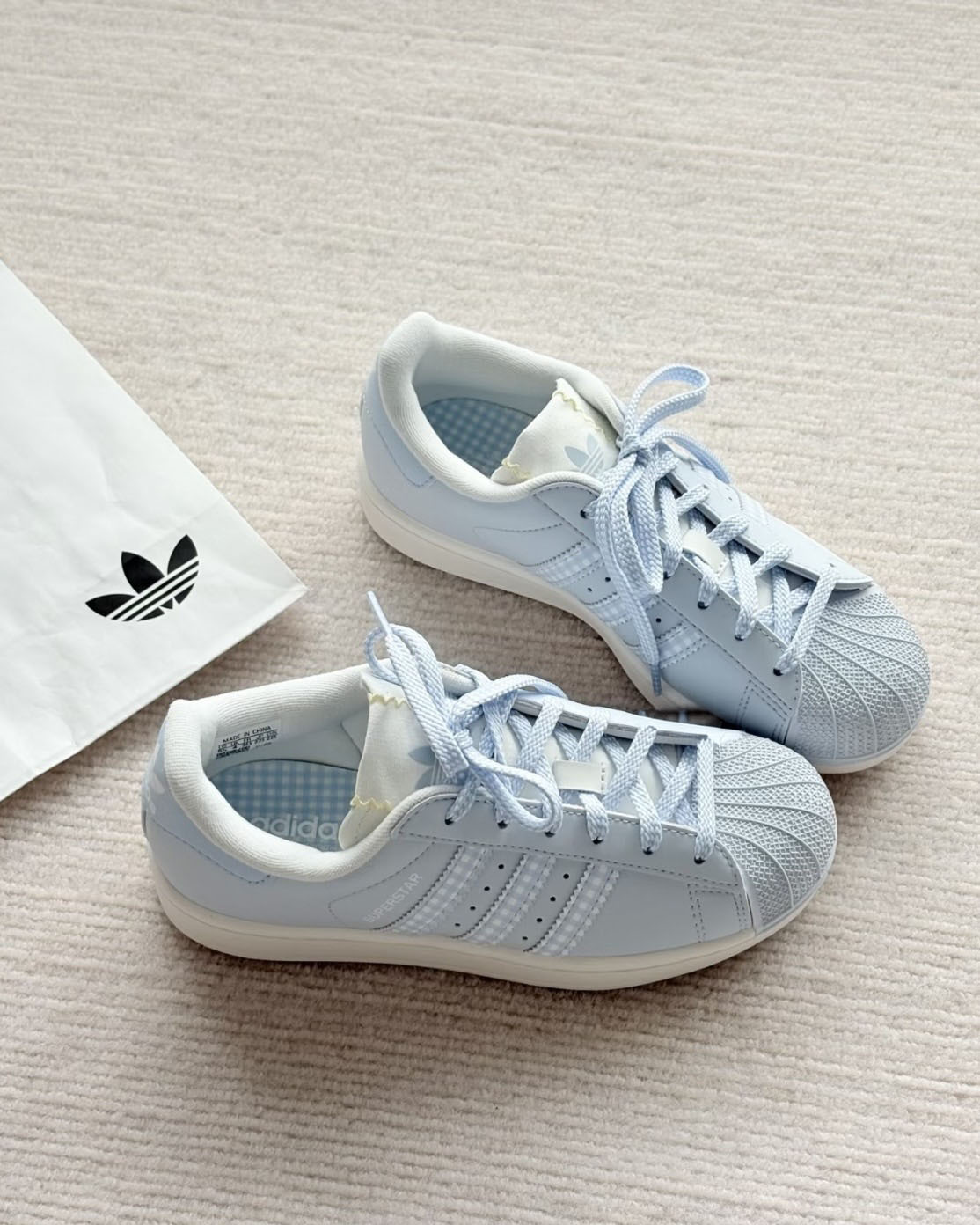 ADIDAS SUPERSTAR 2.0 貝殼頭 愛迪達 三葉草 格紋 捲邊 淡藍色 寶寶藍 奶油底 女鞋 HQ2646 / 預購