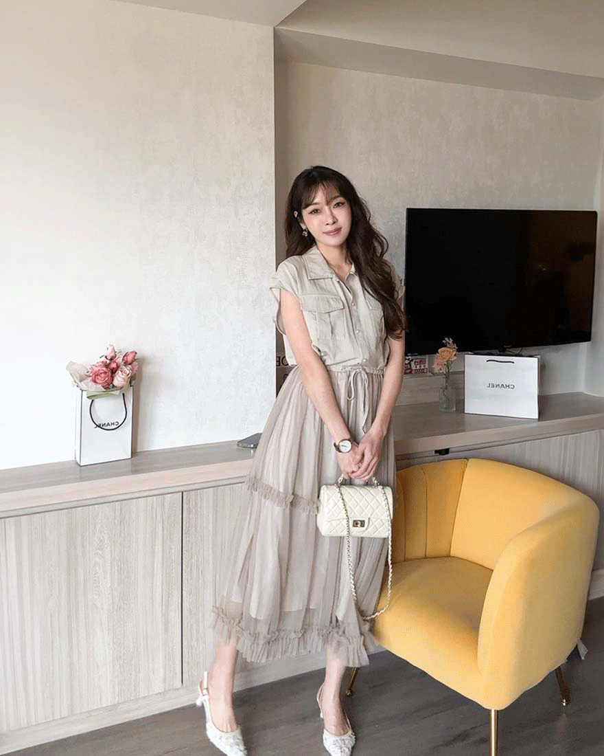 LINA LINA高雅仙氣口袋排釦拼接網紗洋裝-氣質杏