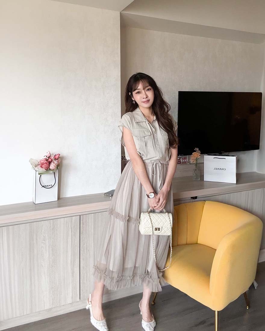 LINA LINA高雅仙氣口袋排釦拼接網紗洋裝-氣質杏