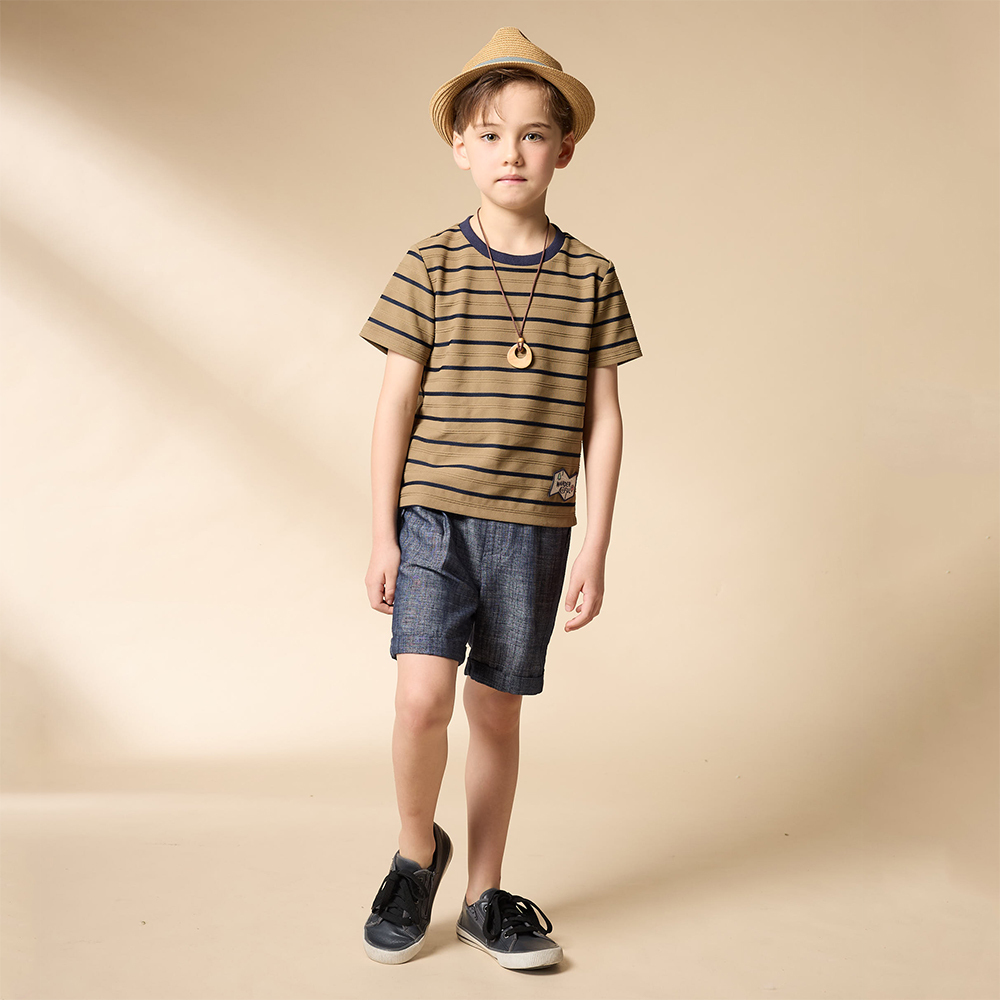 PIPPY 休閒橫紋彈性棉圓領短袖上衣 棕