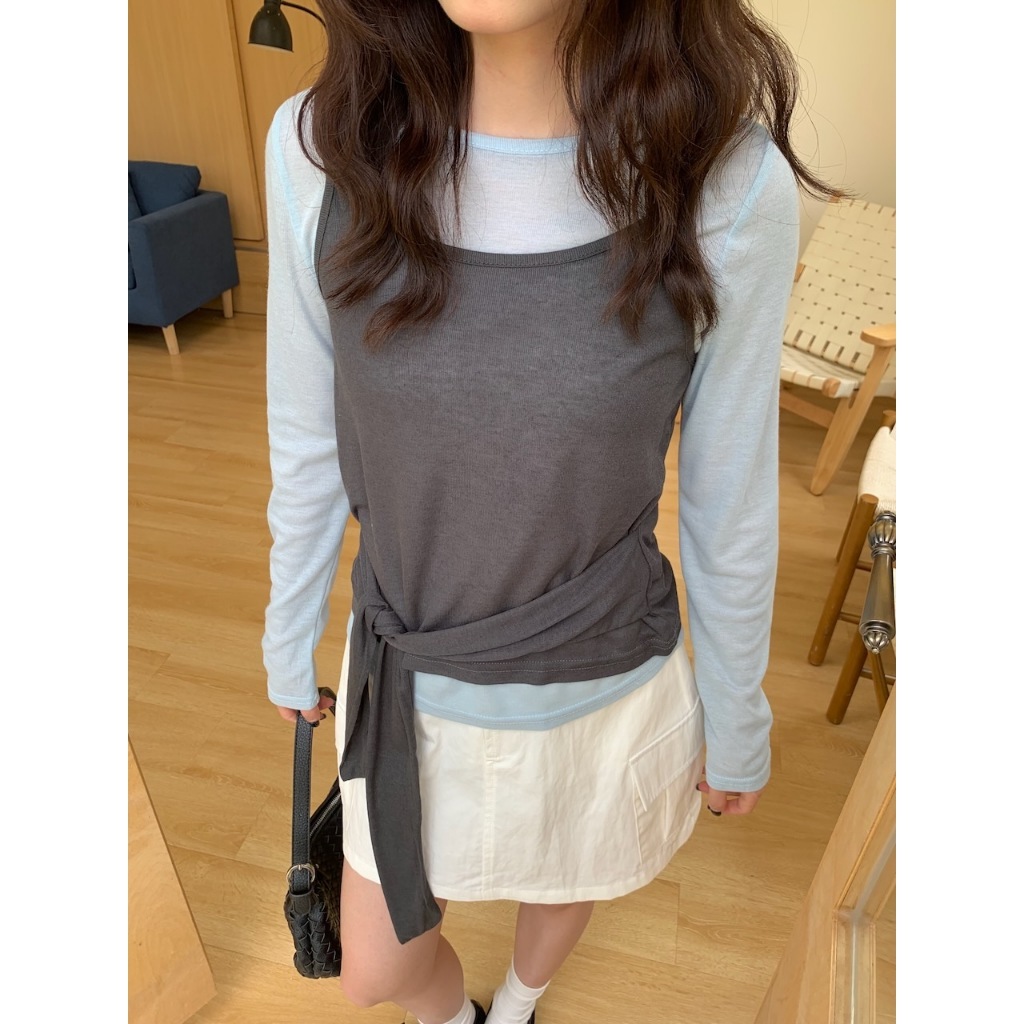 廣州選品🪂【imfine】你最會疊搭 真兩件綁帶透膚上衣 #9889