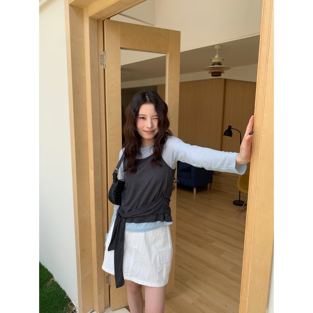 廣州選品🪂【imfine】你最會疊搭 真兩件綁帶透膚上衣 #9889