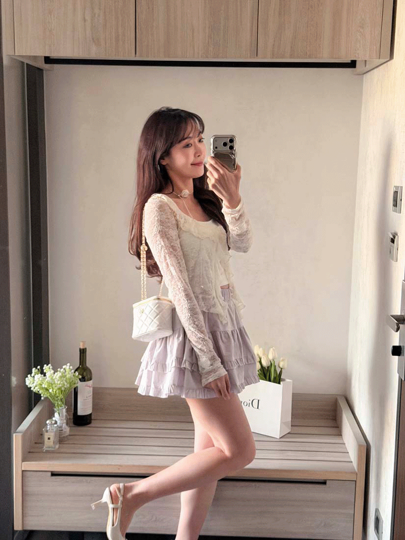 LINA LINA別緻微醺滿版蕾絲荷葉滾邊外套-溫柔杏