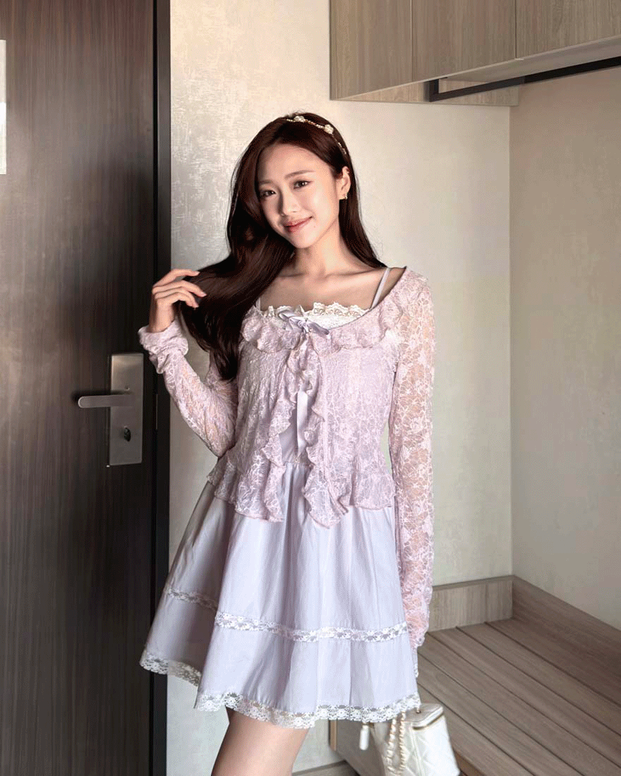 LINA LINA別緻微醺滿版蕾絲荷葉滾邊外套-唯美紫