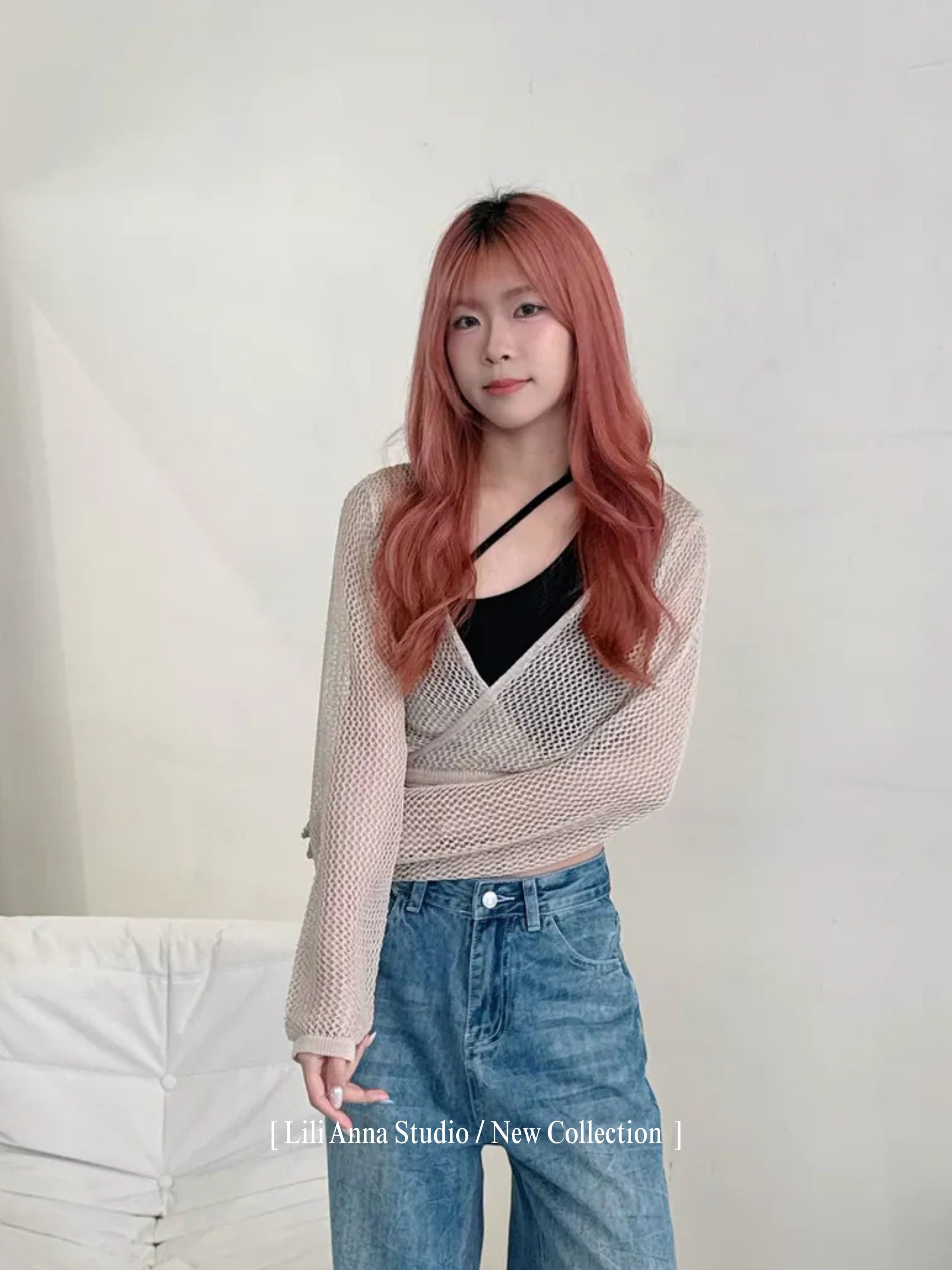 短版洞洞綁帶罩衫-3822