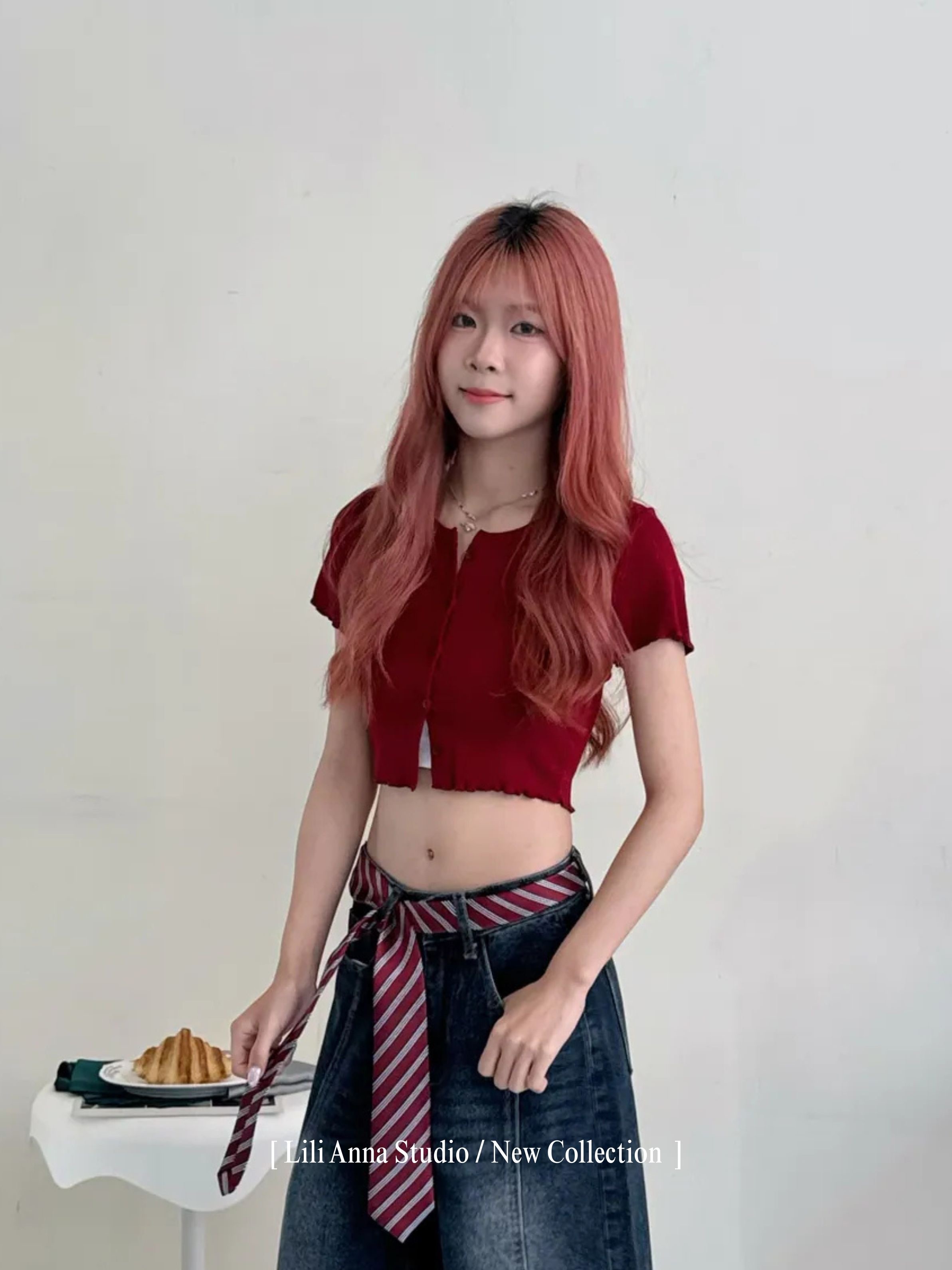 圓領排扣捲邊上衣-0312