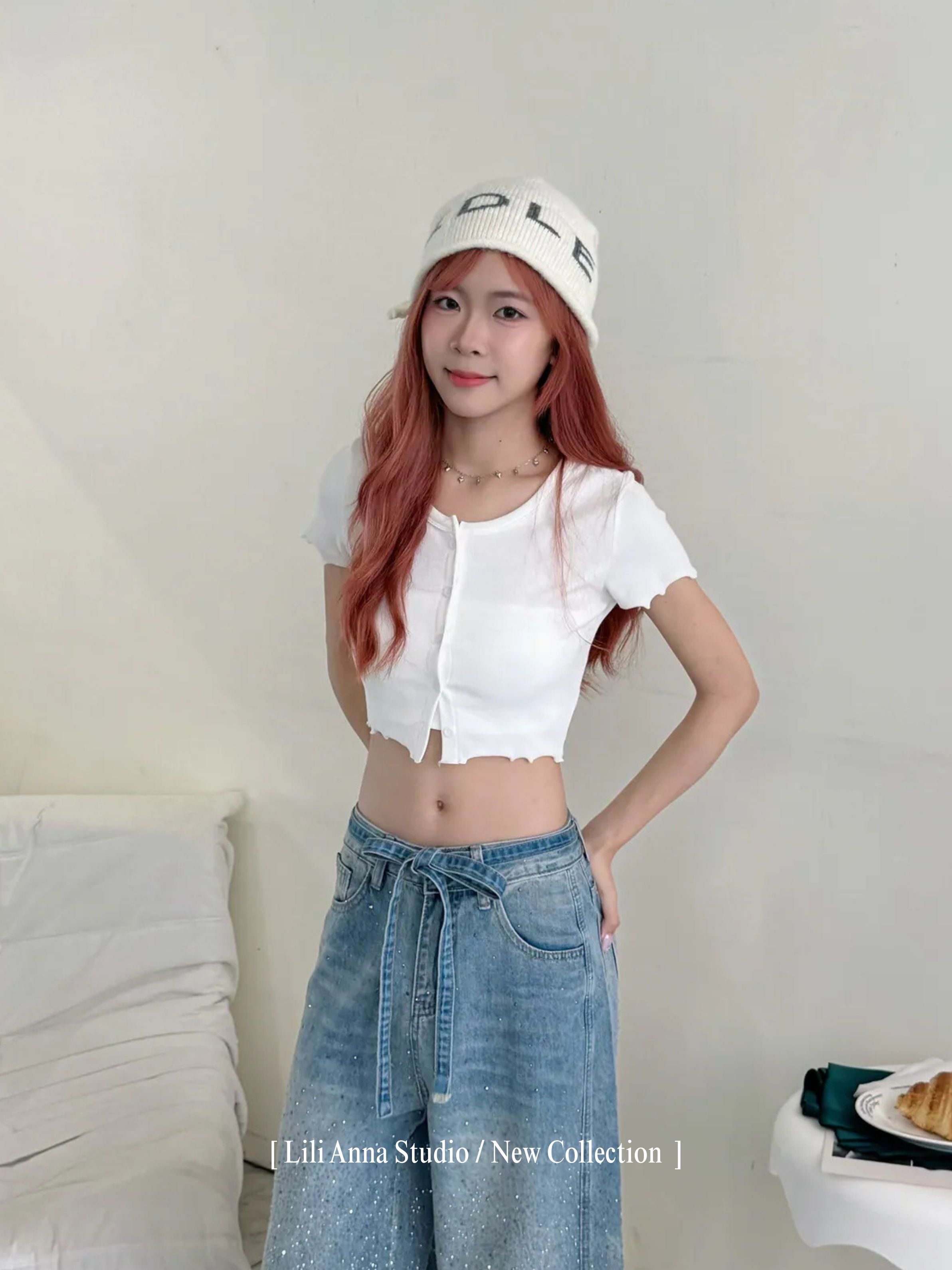 圓領排扣捲邊上衣-0312