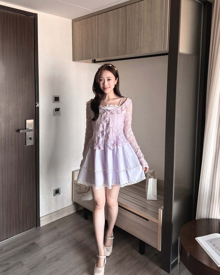 LINA LINA別緻微醺滿版蕾絲荷葉滾邊外套-唯美紫