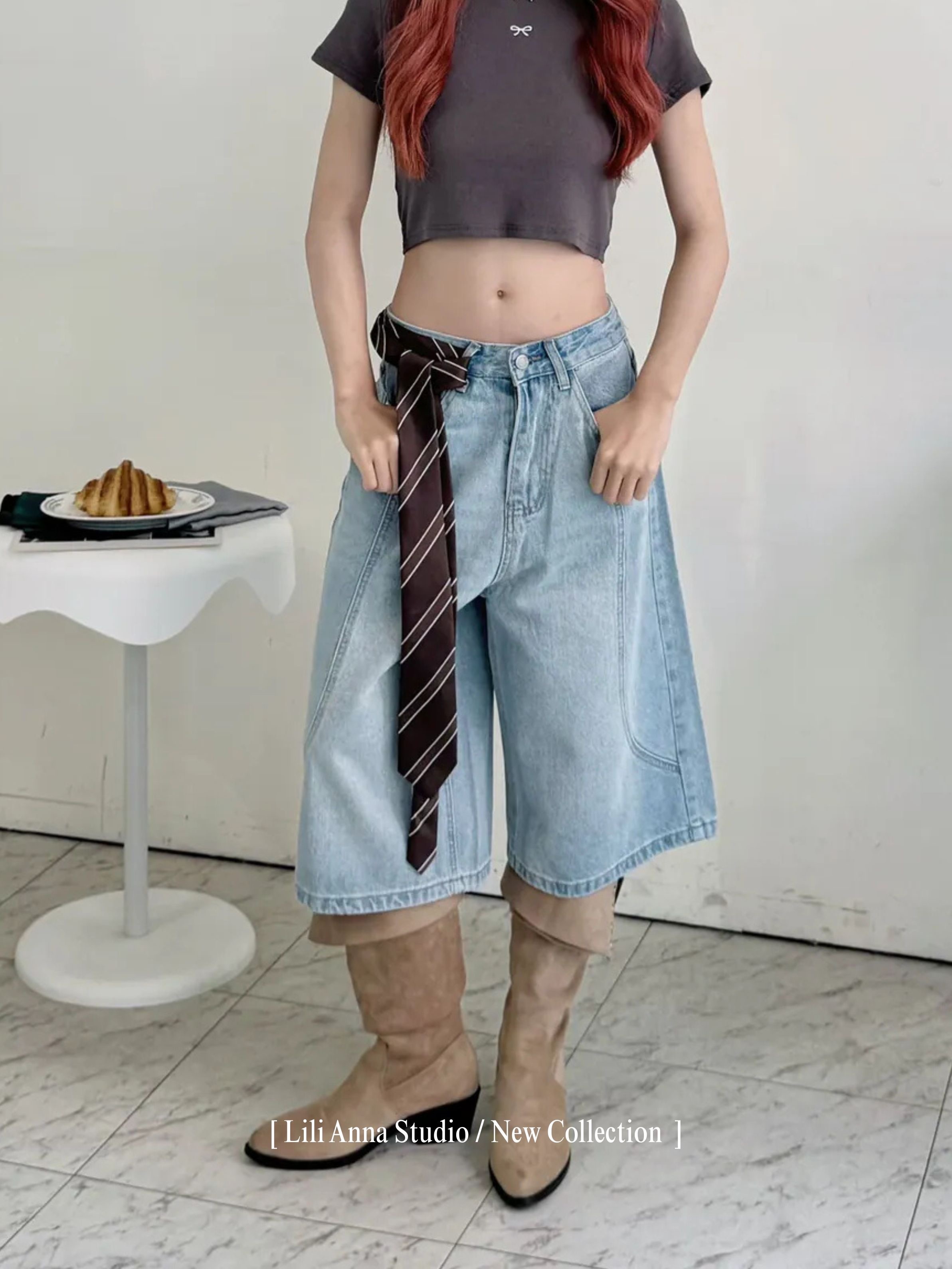 復古做舊五分褲-8136