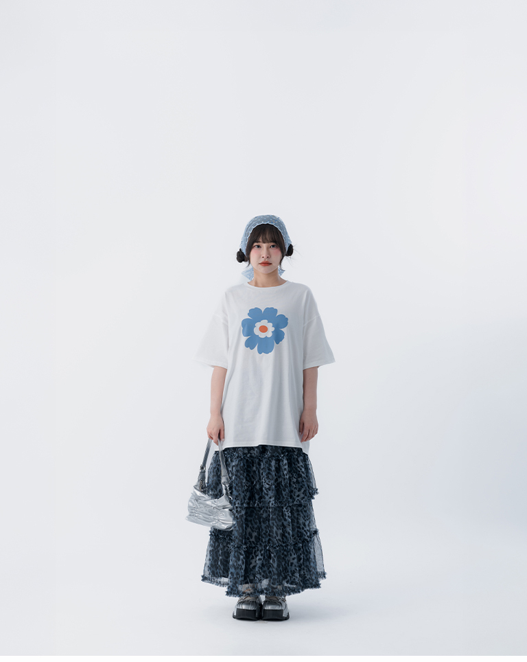 Floral print wide-sleeved short-sleeved top - white【01190364】in stock+pre-order