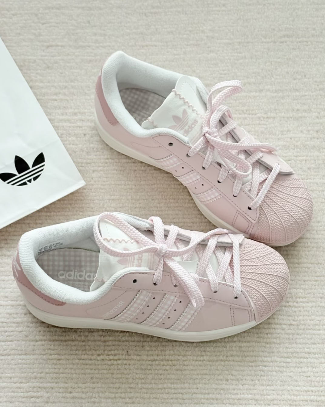 ADIDAS SUPERSTAR 2.0 貝殼頭 愛迪達 三葉草 格紋 捲邊 淡粉 柔粉 奶油底 女鞋 KJ3968 / 預購