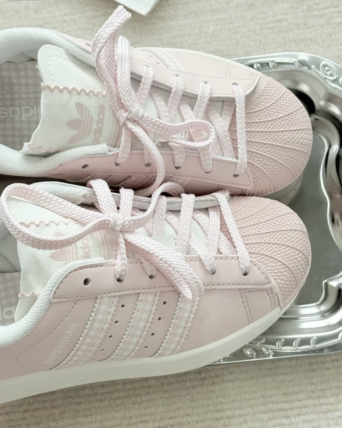 ADIDAS SUPERSTAR 2.0 貝殼頭 愛迪達 三葉草 格紋 捲邊 淡粉 柔粉 奶油底 女鞋 KJ3968 / 預購