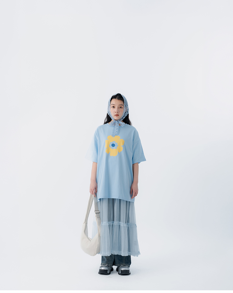 Floral print wide-sleeved short-sleeved top - blue【01190366】in stock+pre-order