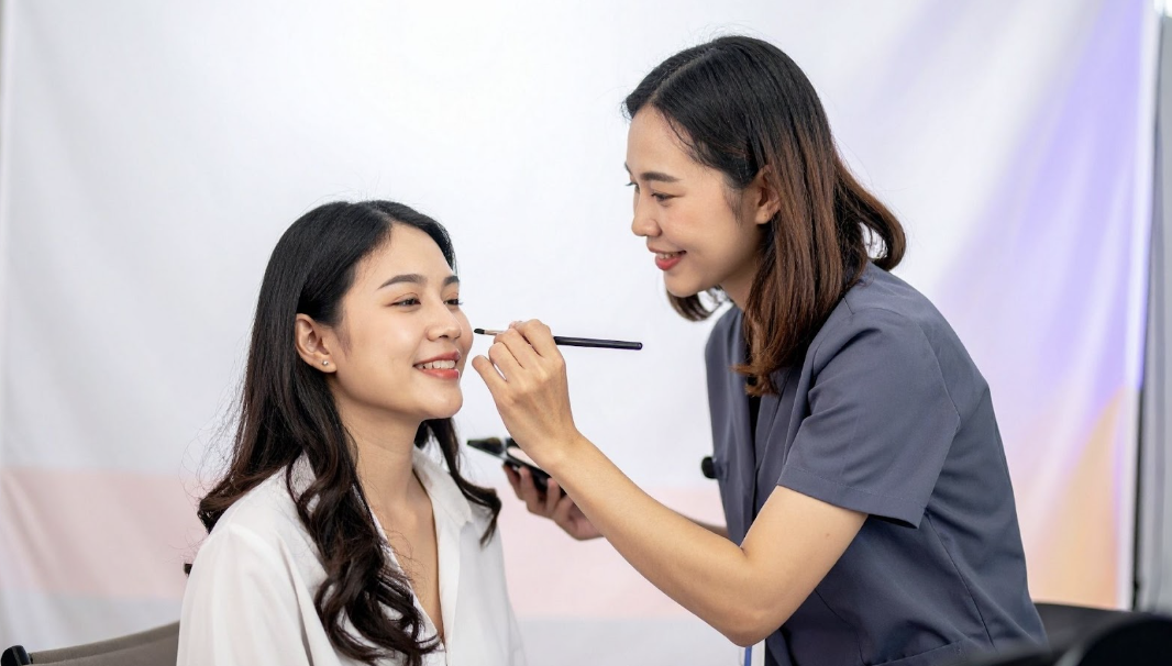 化妝師為女性顧客進行專業彩妝服務,細心描繪面部妝容提升氣色。