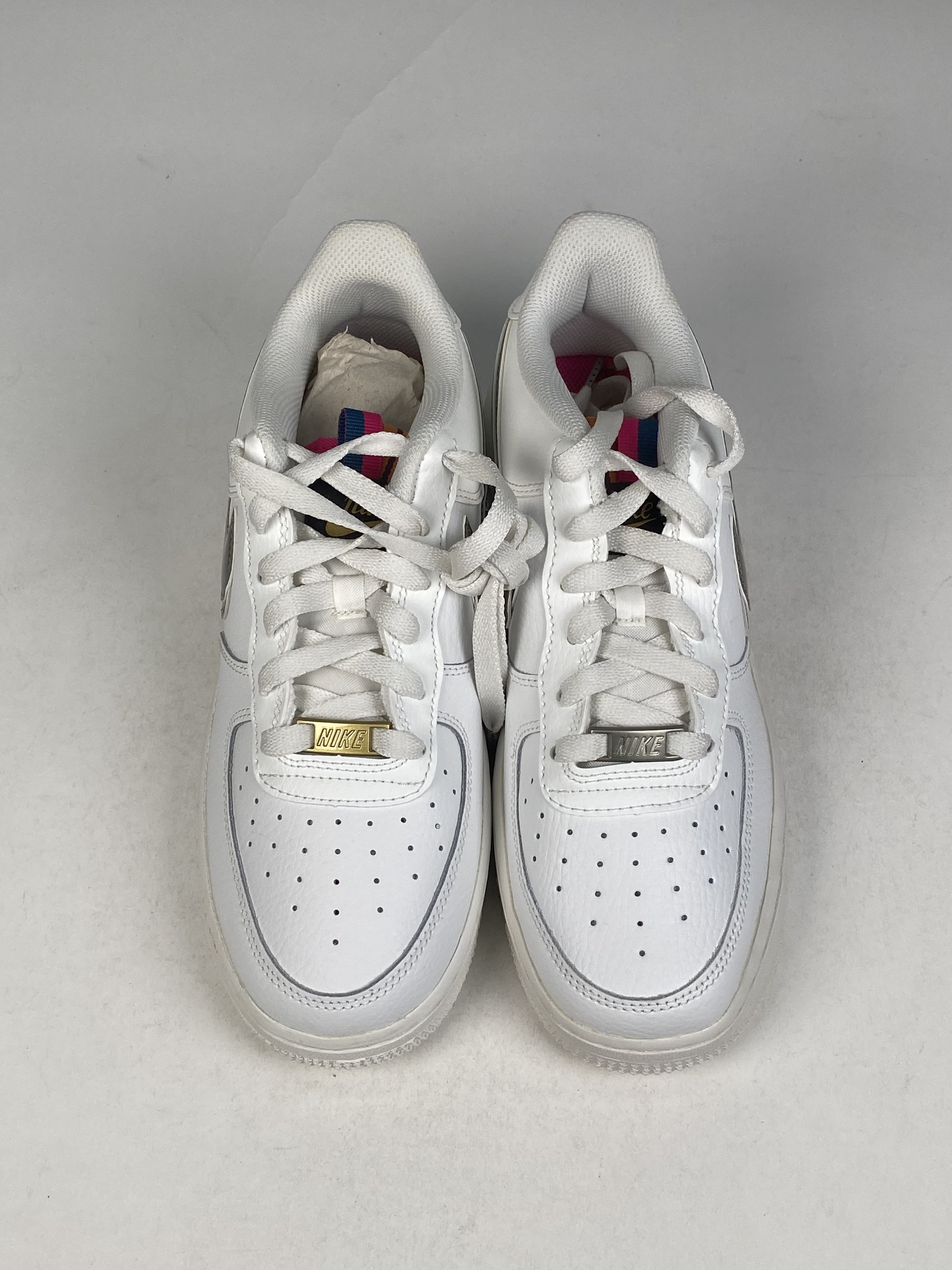 兩腳中底、鞋底色差&右腳外側染色 DH9595-001 6.5Y Nike Air Force 1 1s Double Up On The Pull Tabs Swooshes 雙層勾勾 米白 金 女款