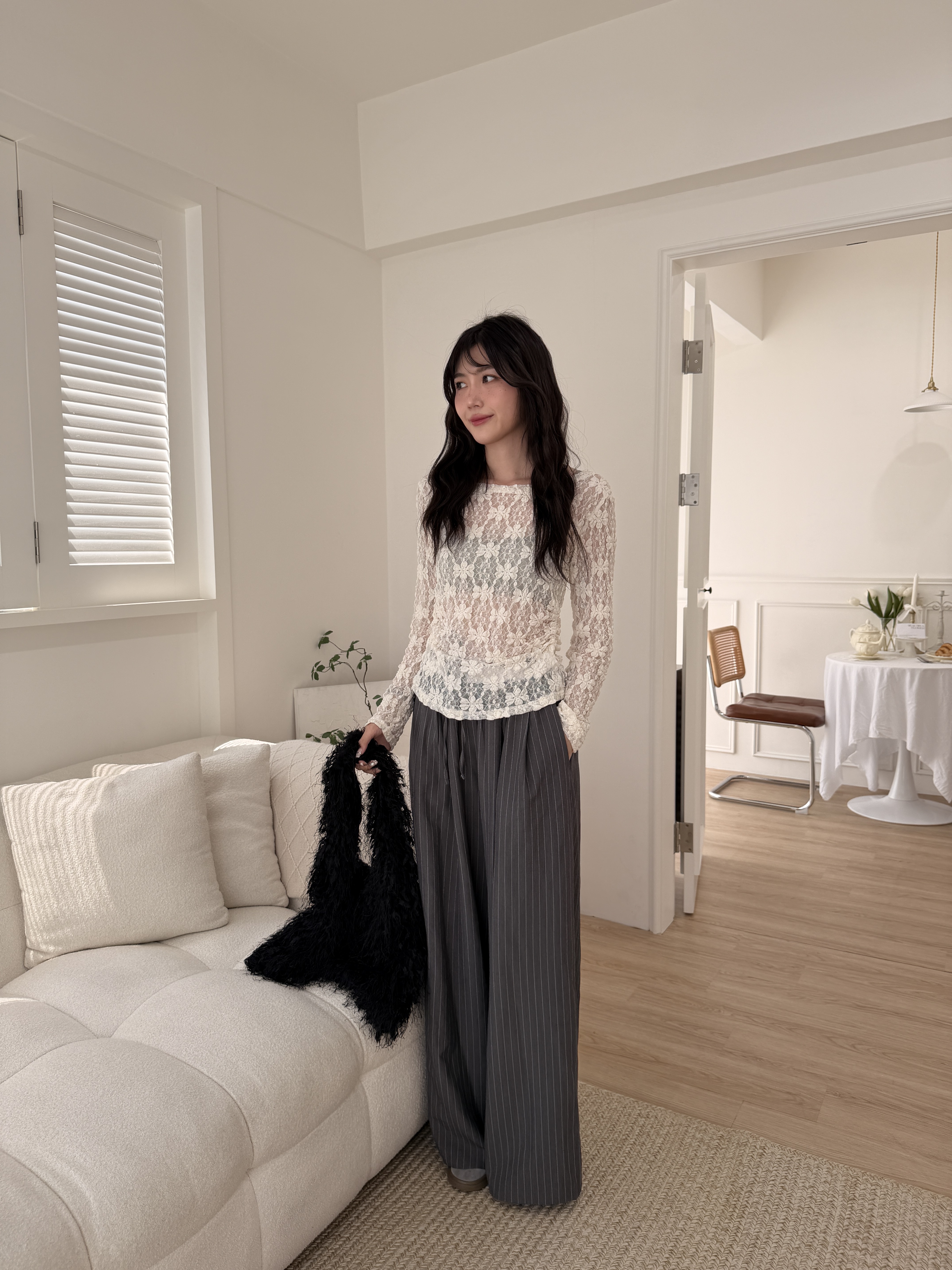 🌷鬆緊直紋寬褲 (灰色)