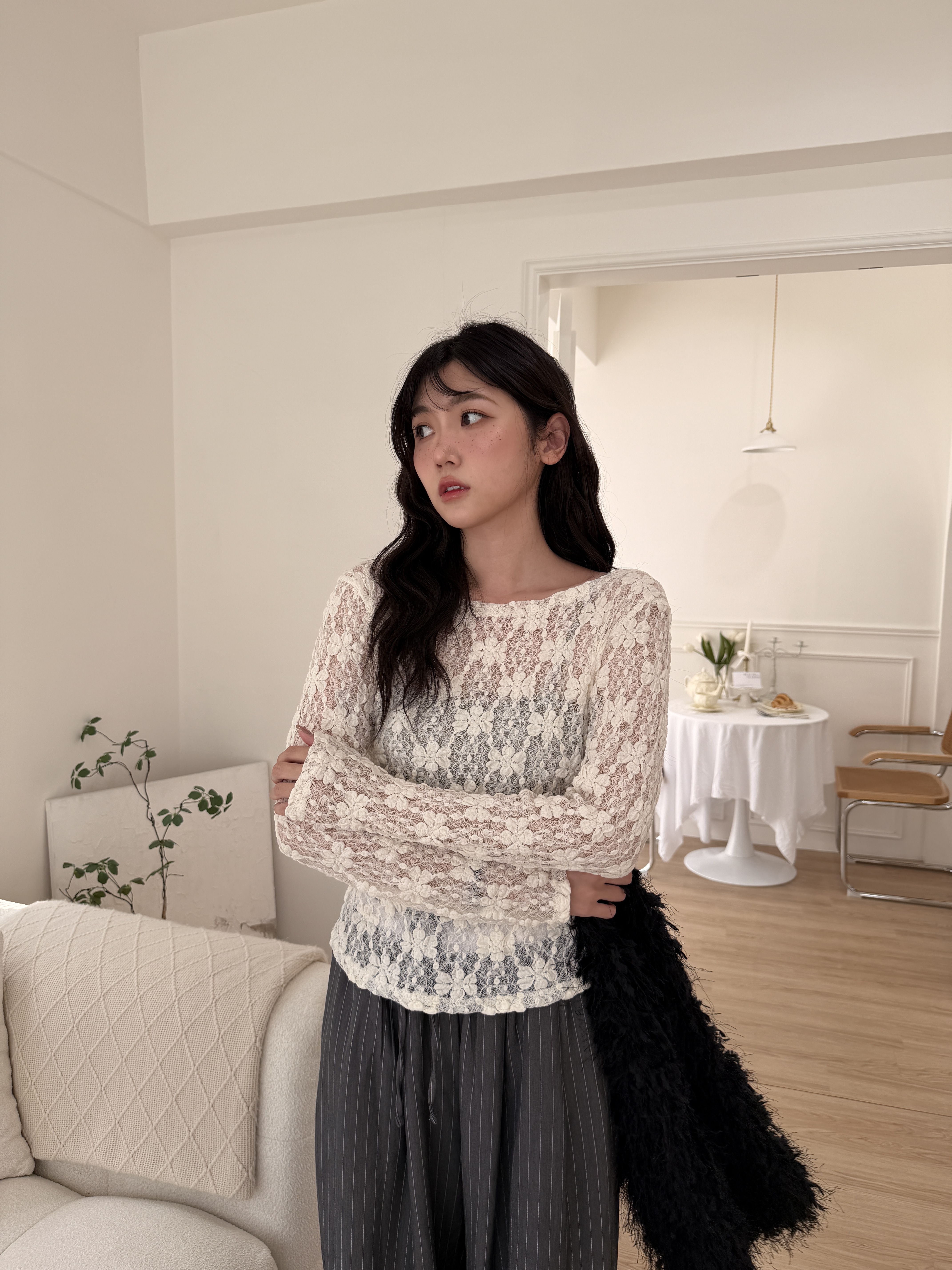 🌷花花蕾絲抓腰上衣