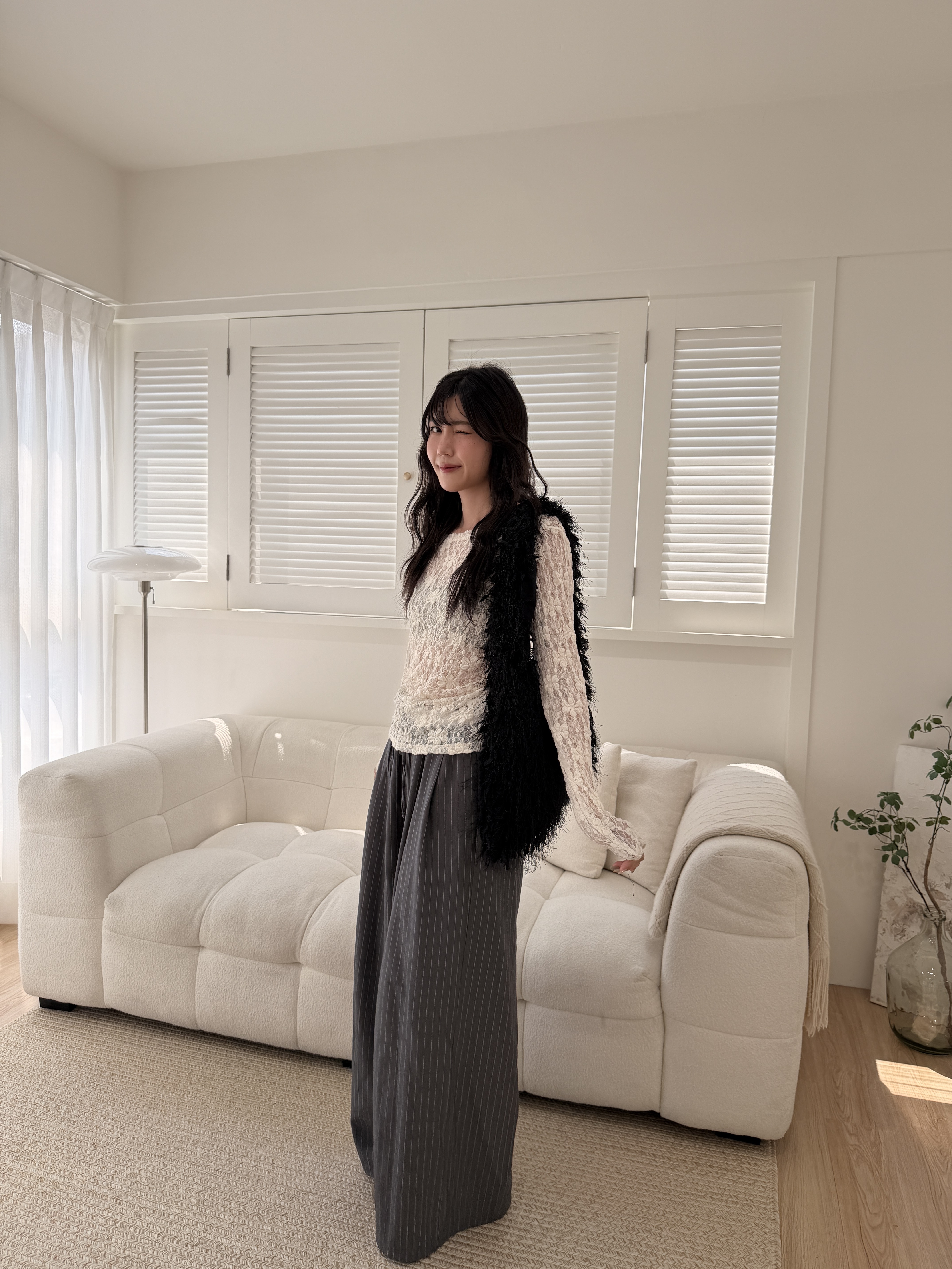 🌷鬆緊直紋寬褲 (灰色)