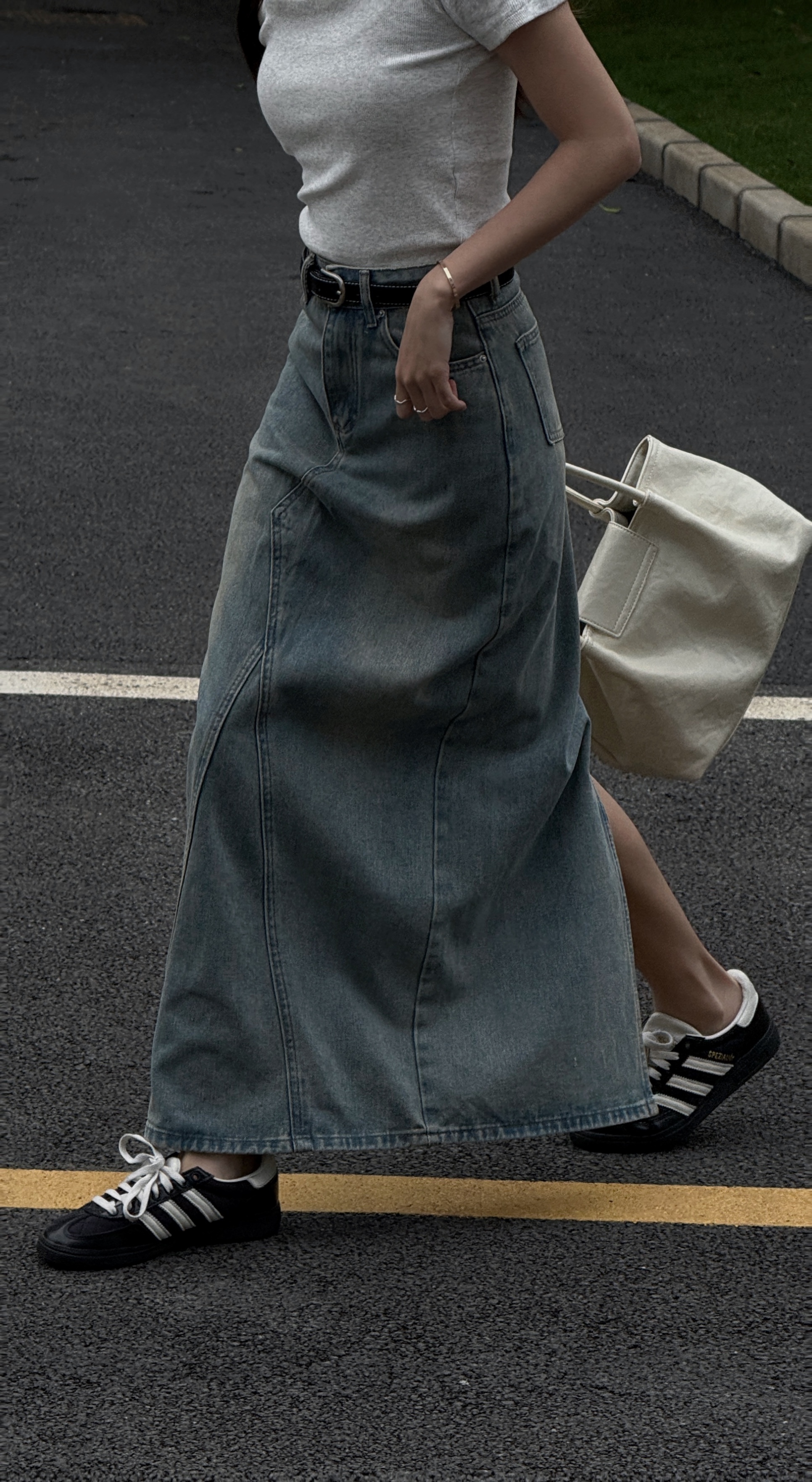 Vintage!淺藍牛仔後開衩長裙