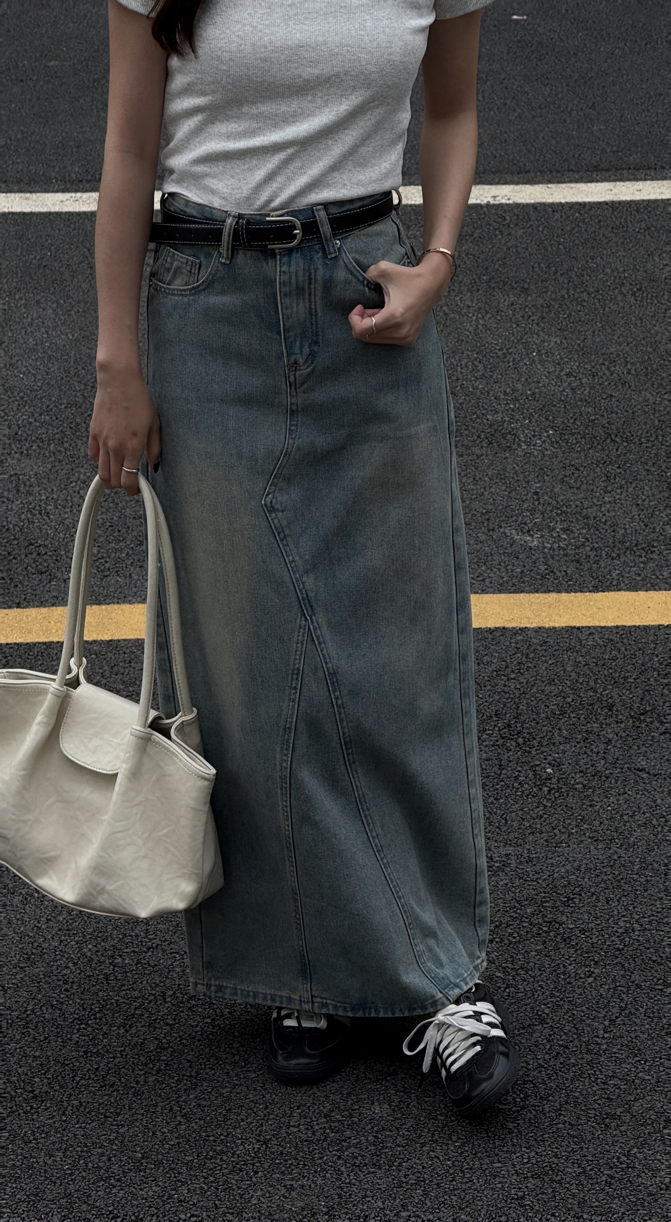 Vintage!淺藍牛仔後開衩長裙