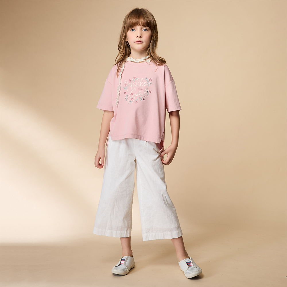 PIPPY 優雅花圈寬版落肩圓領5分袖上衣 粉