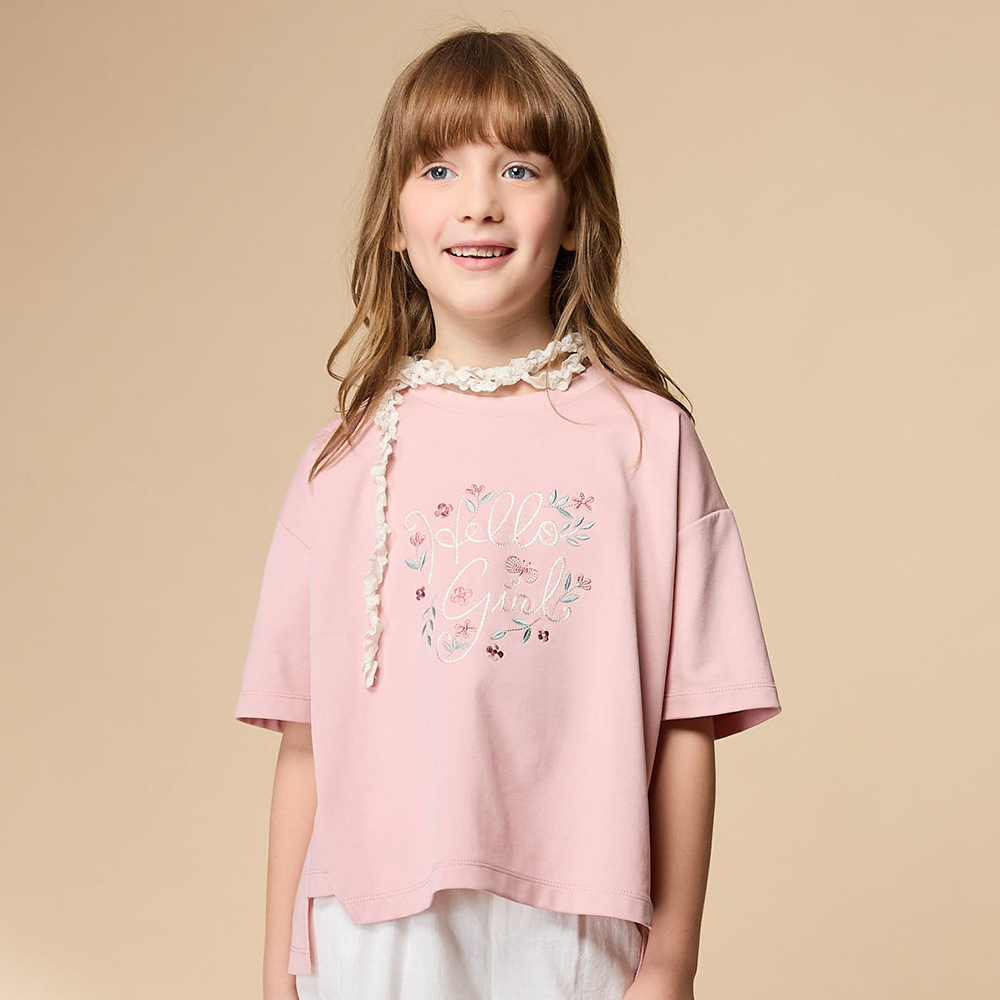 PIPPY 優雅花圈寬版落肩圓領5分袖上衣 粉