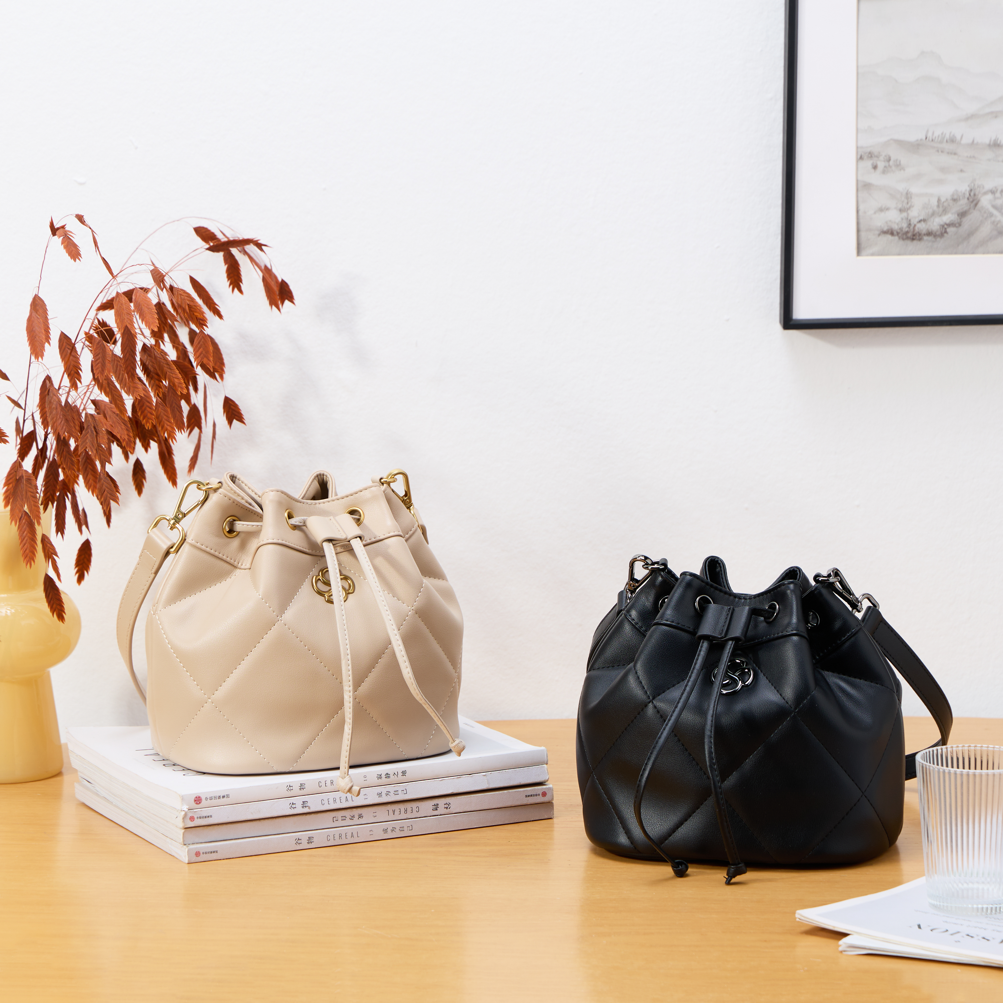 STEVANIE Alyssa真皮抽繩水桶包可肩背斜背的大容量菱格包款