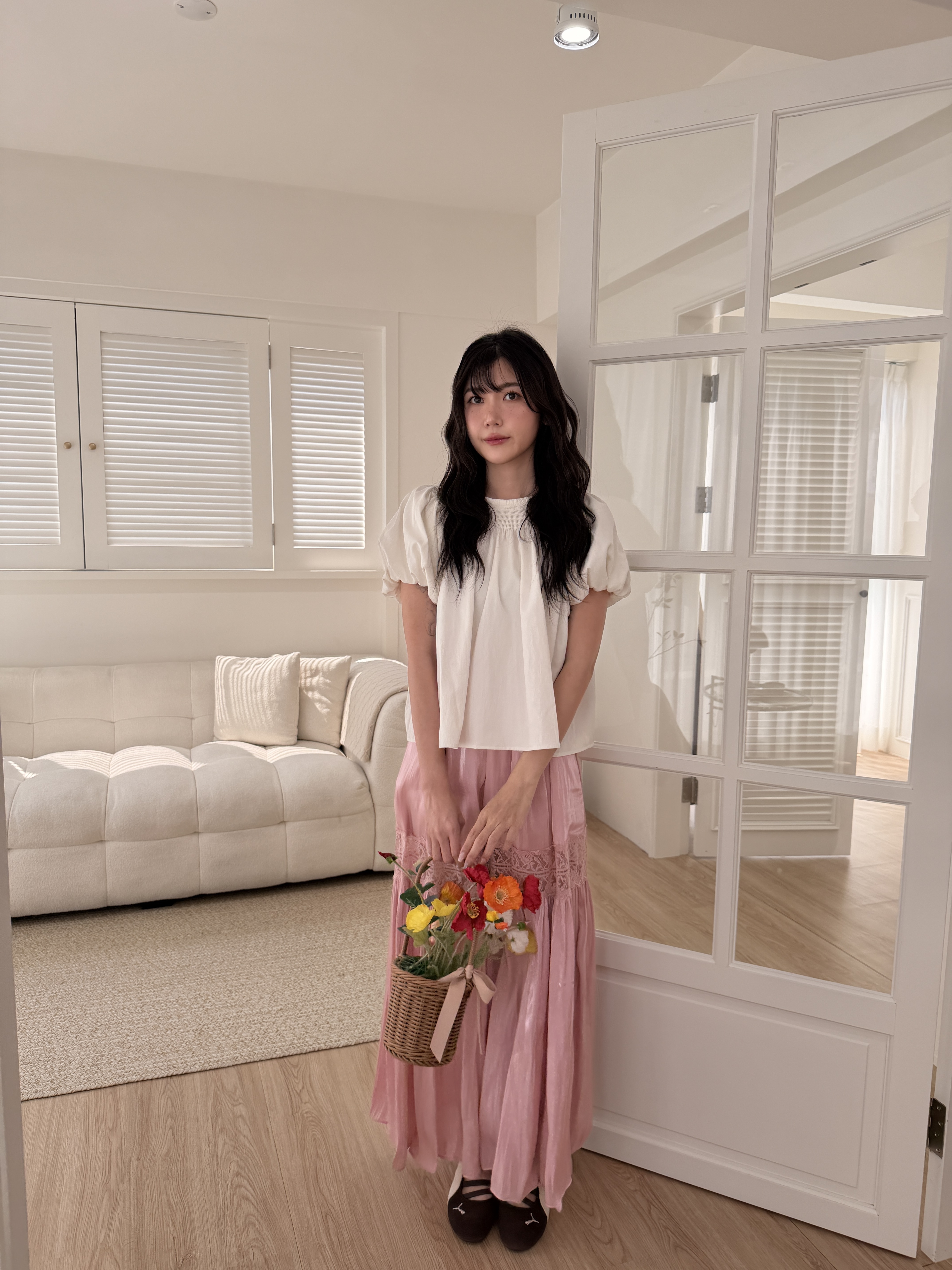 🌷正反兩穿蓬袖上衣 (米白色)