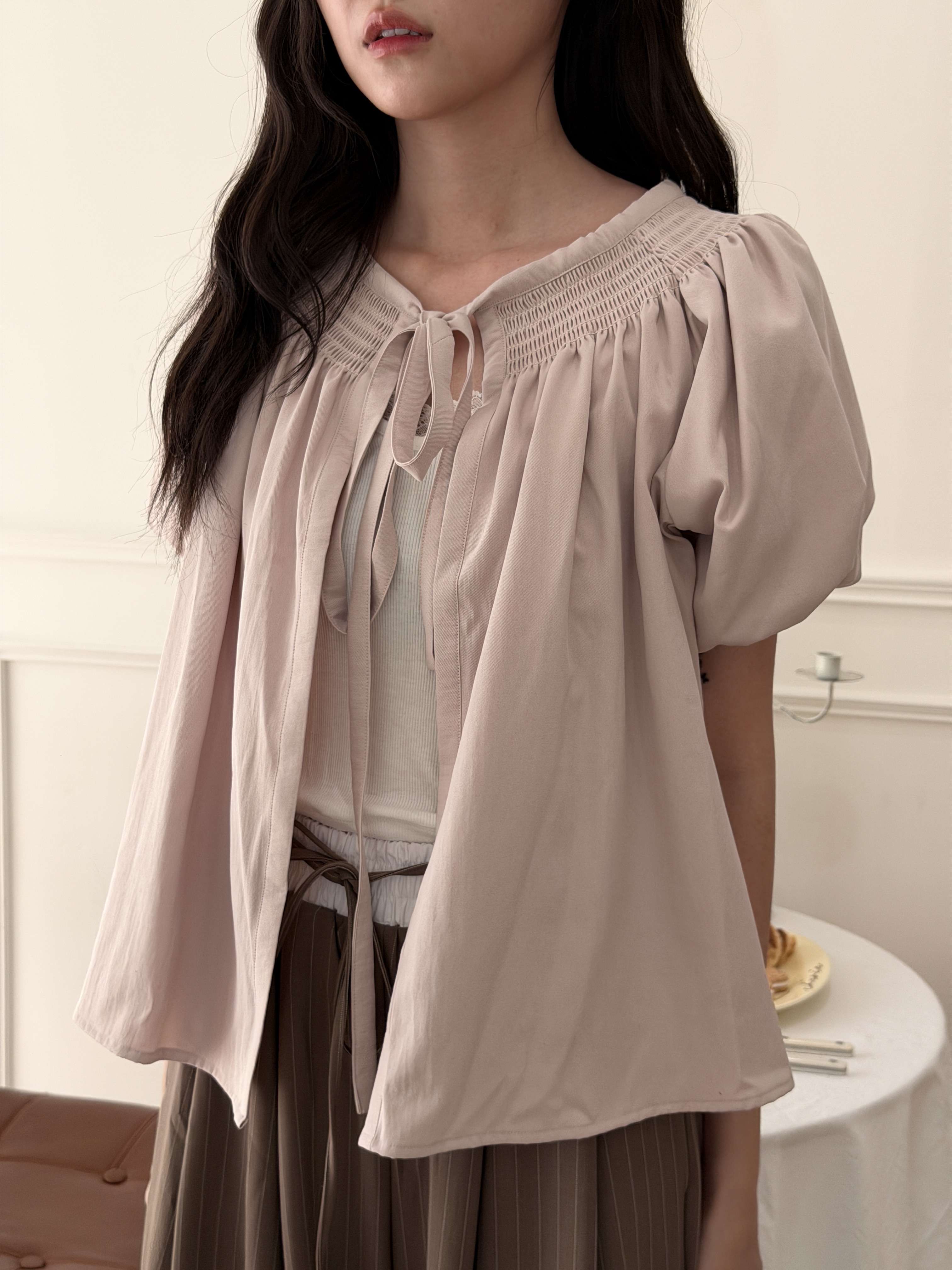 🌷正反兩穿蓬袖上衣 (藕粉色)