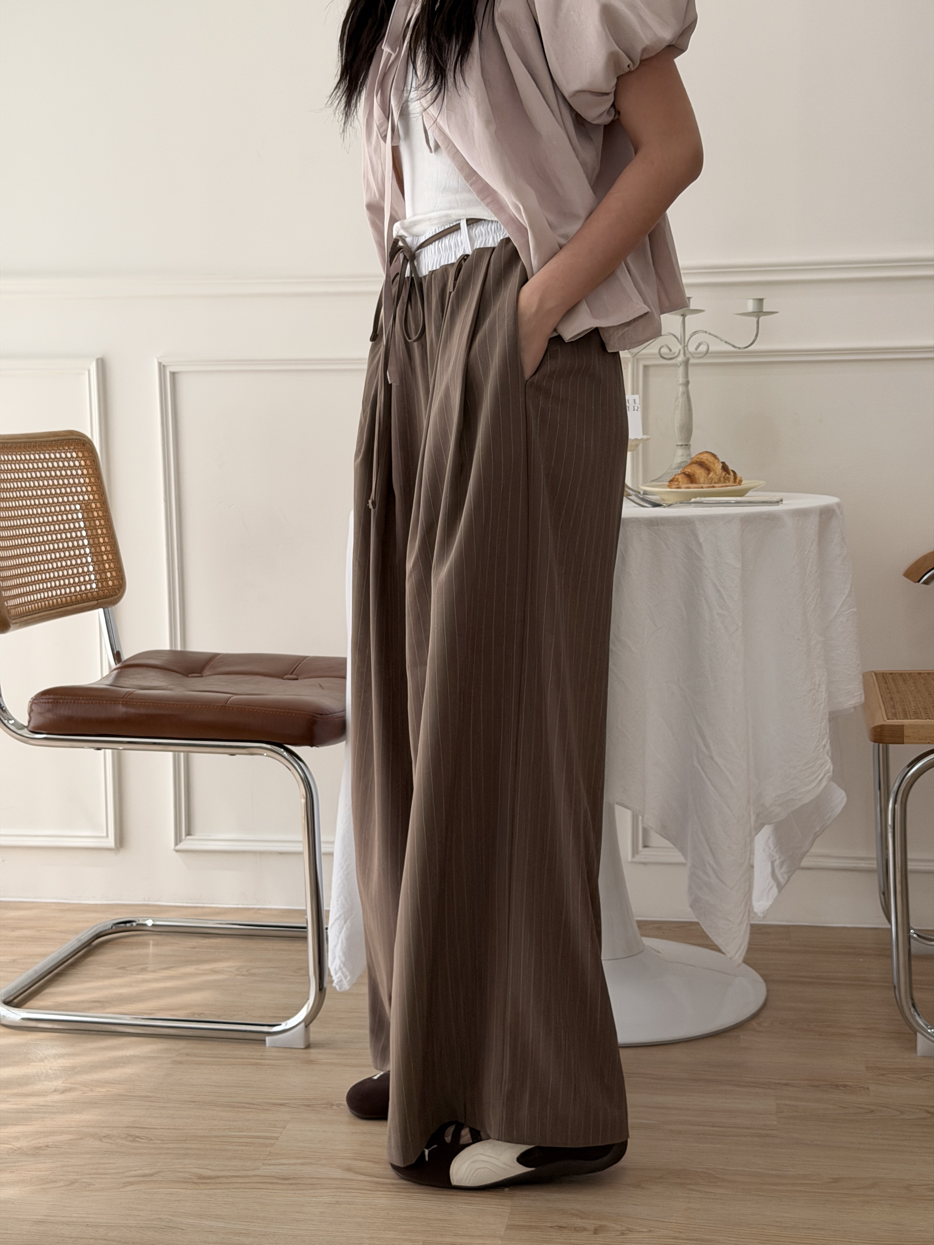 🌷鬆緊直紋寬褲 (棕色)