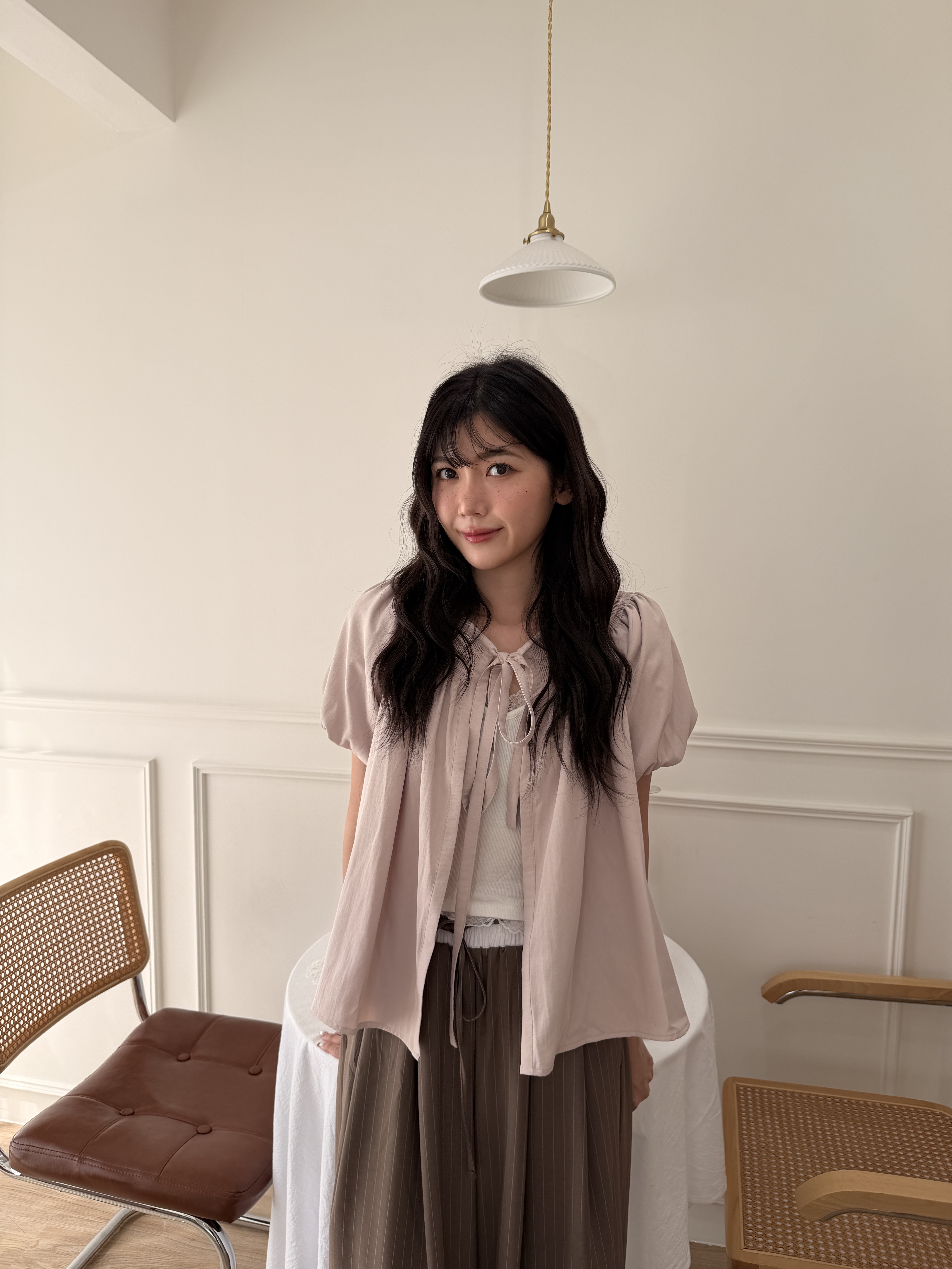 🌷正反兩穿蓬袖上衣 (藕粉色)